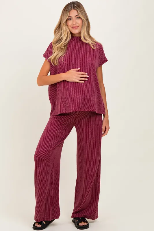 Burgundy Textured Rib Mock Neck Short Sleeve Pant Maternity Set sold by Pinkblush