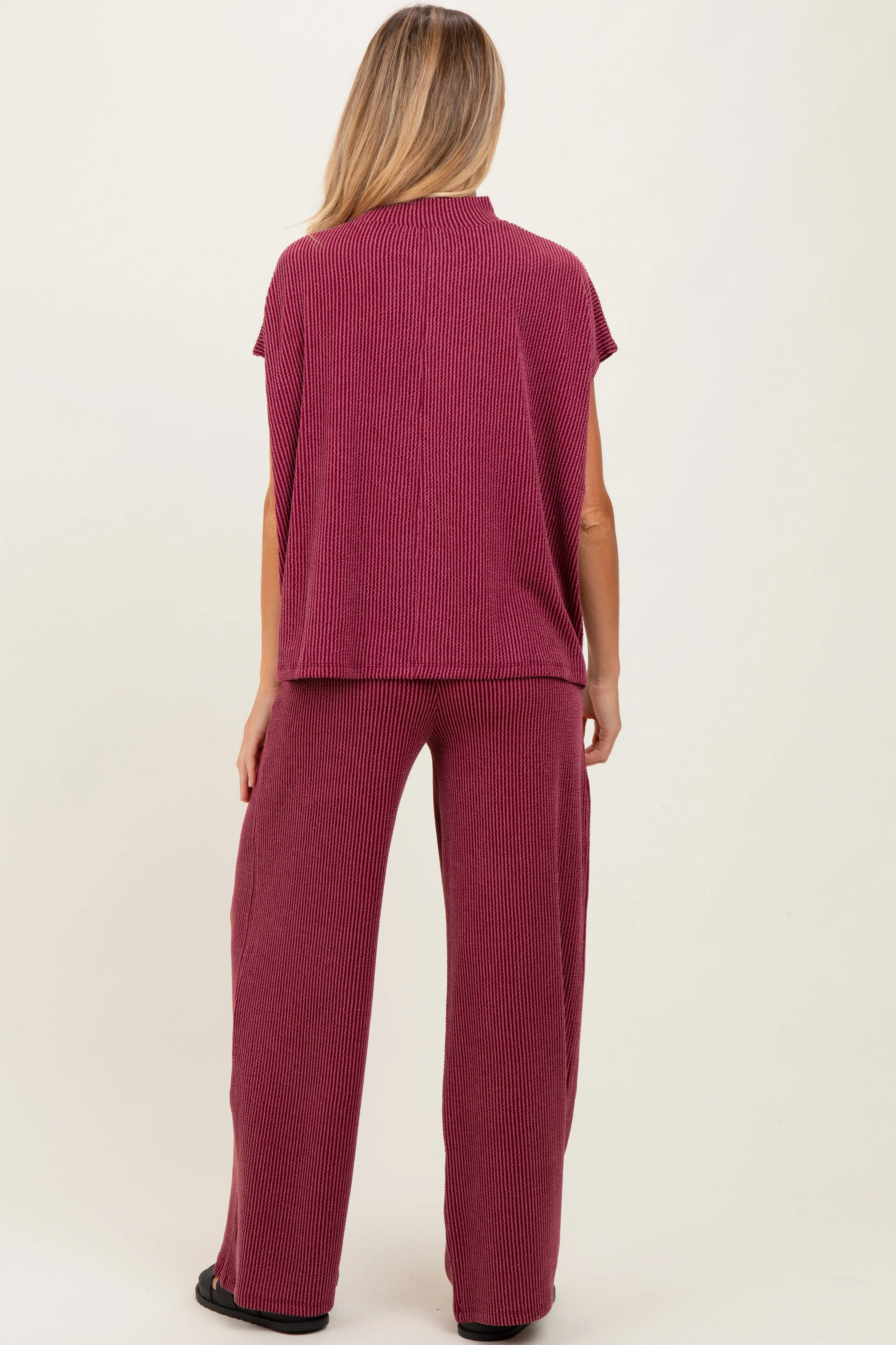 Burgundy Textured Rib Mock Neck Short Sleeve Pant Maternity Set sold by Pinkblush product image thumbnail 2