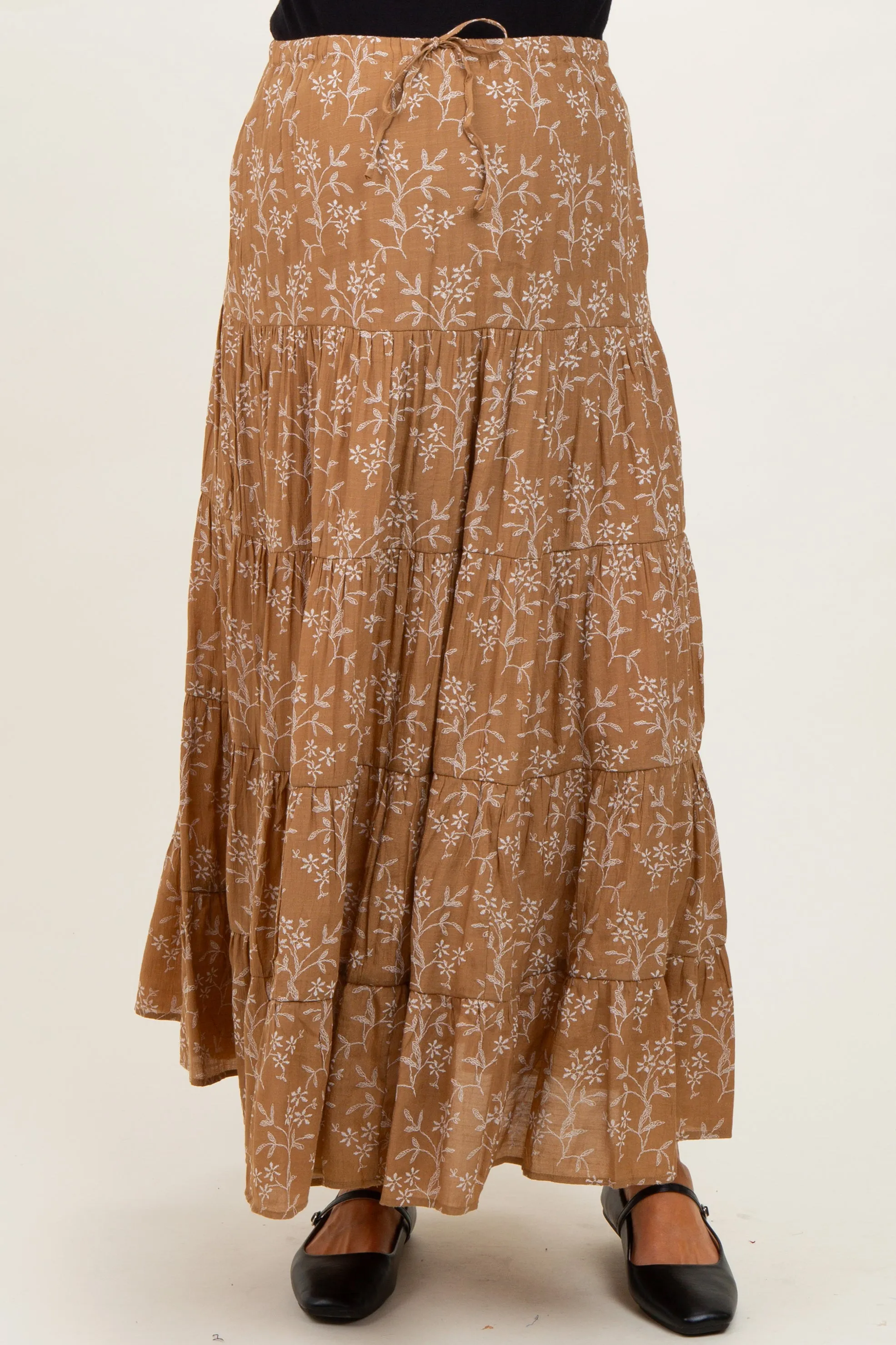 Camel Floral Drawstring Tiered Maternity Maxi Skirt sold by Pinkblush product image thumbnail 3