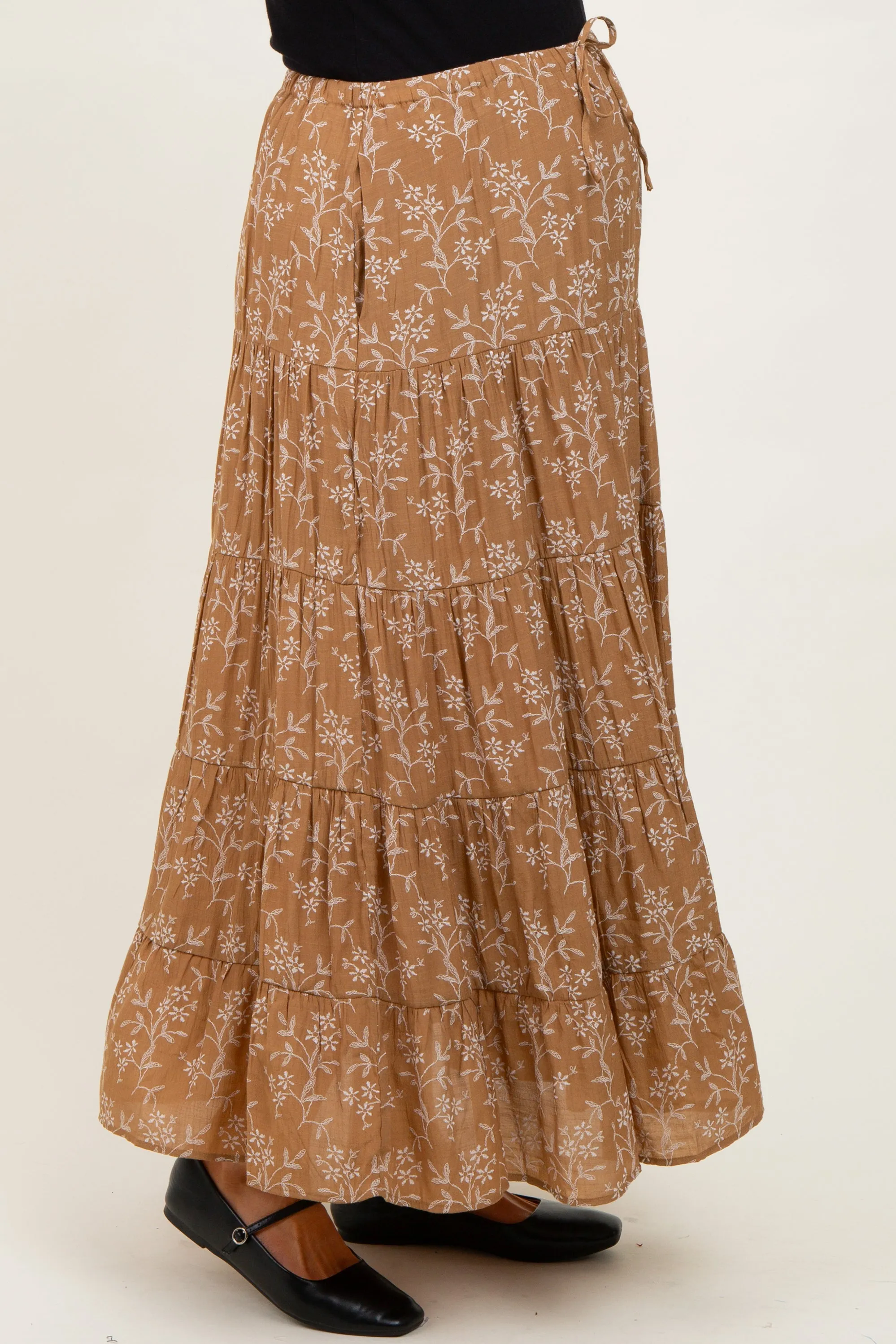 Camel Floral Drawstring Tiered Maternity Maxi Skirt sold by Pinkblush product image thumbnail 4