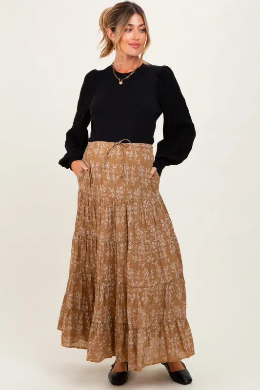 Camel Floral Drawstring Tiered Maternity Maxi Skirt sold by Pinkblush