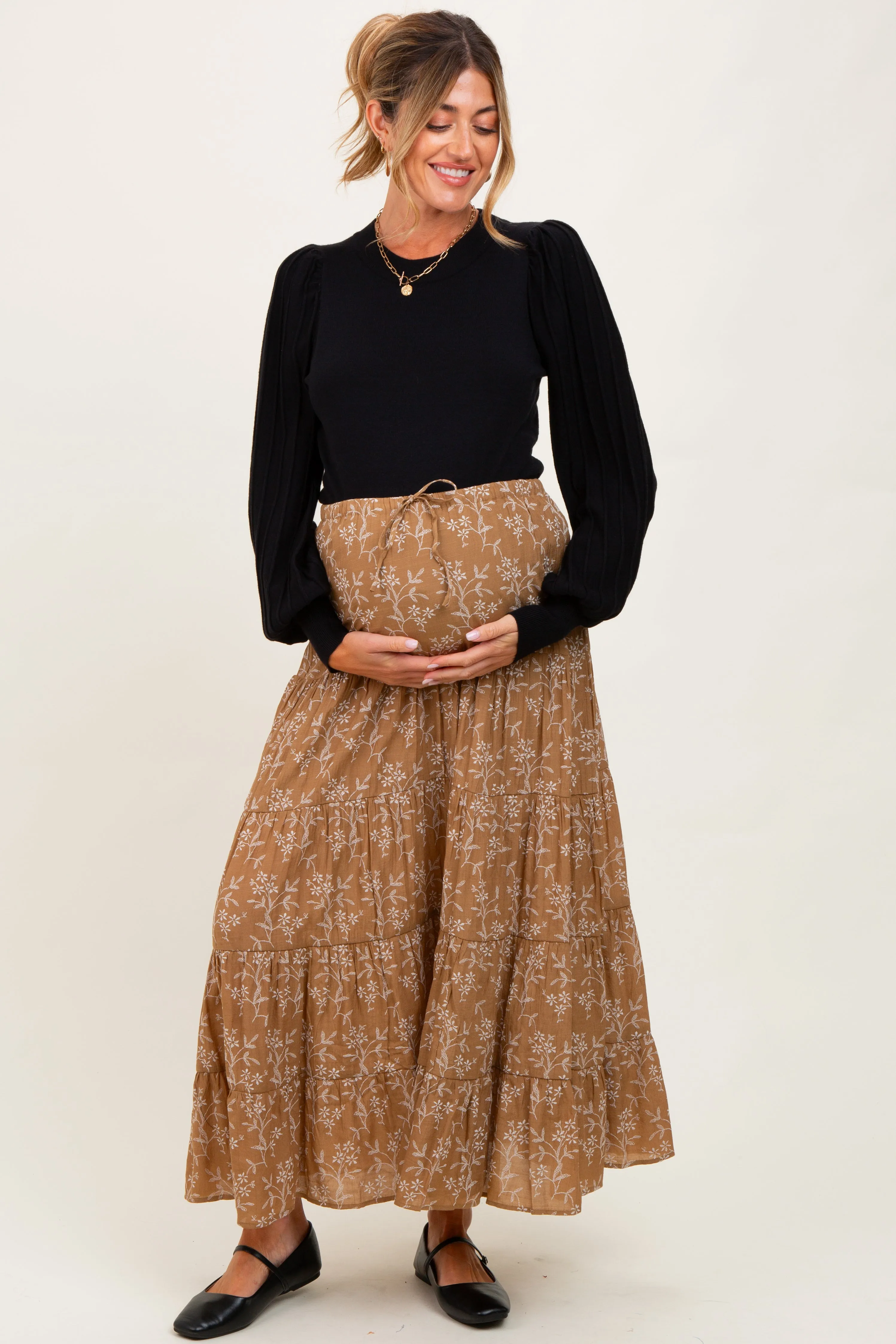 Camel Floral Drawstring Tiered Maternity Maxi Skirt sold by Pinkblush product image thumbnail 2