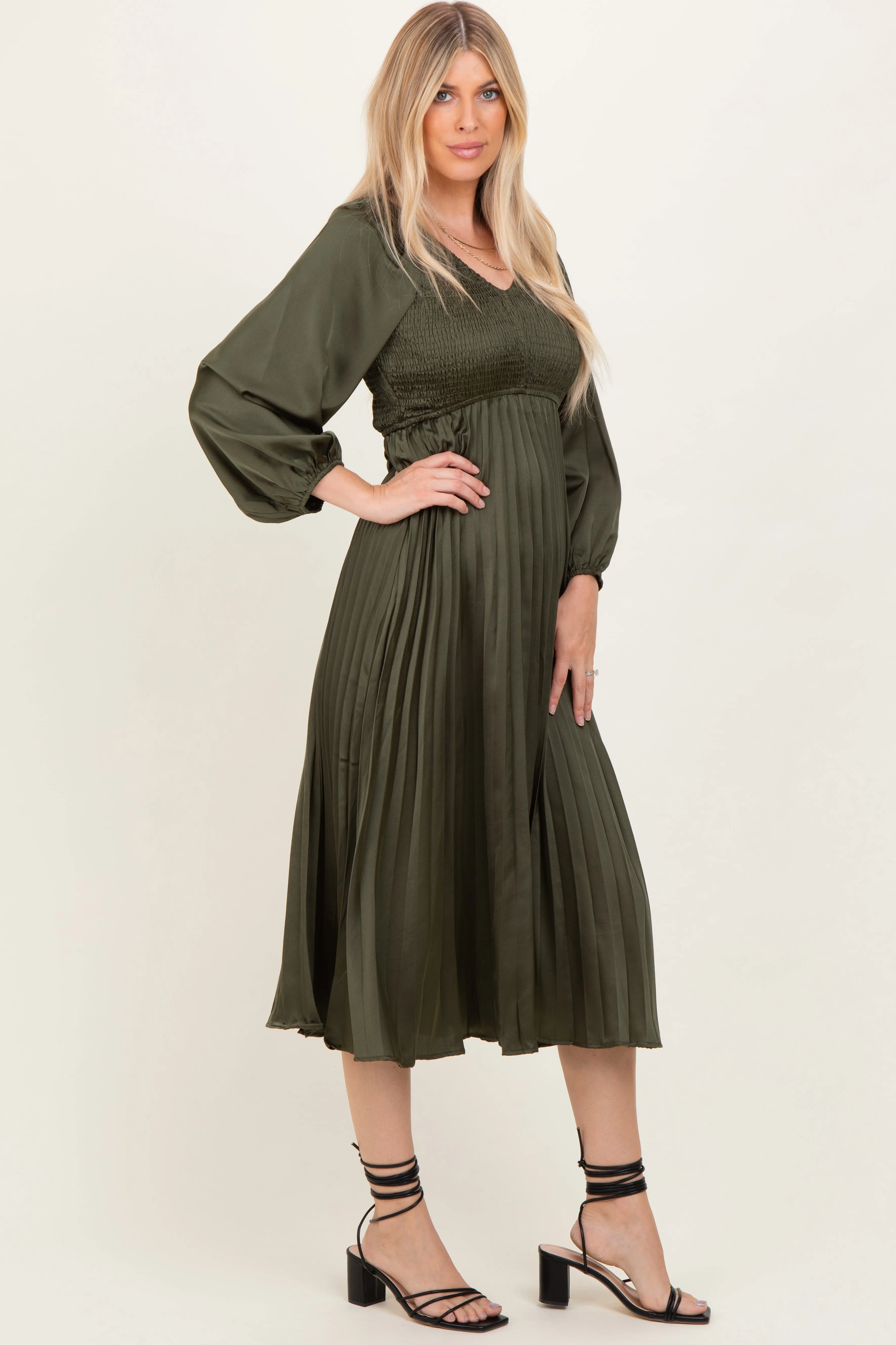 Olive Satin Smocked Pleated Midi Dress sold by Pinkblush product image thumbnail 3
