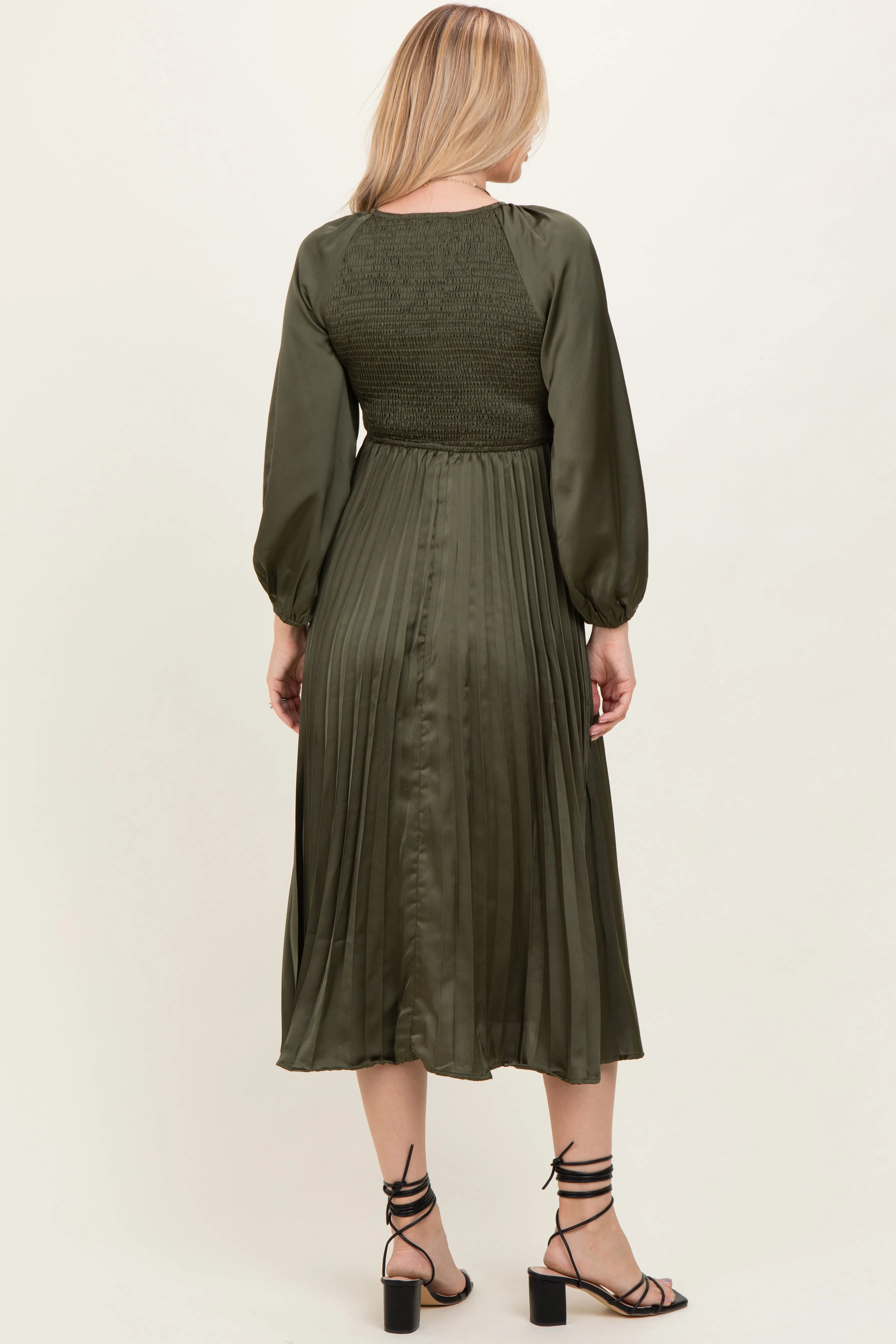 Olive Satin Smocked Pleated Midi Dress sold by Pinkblush product image thumbnail 4