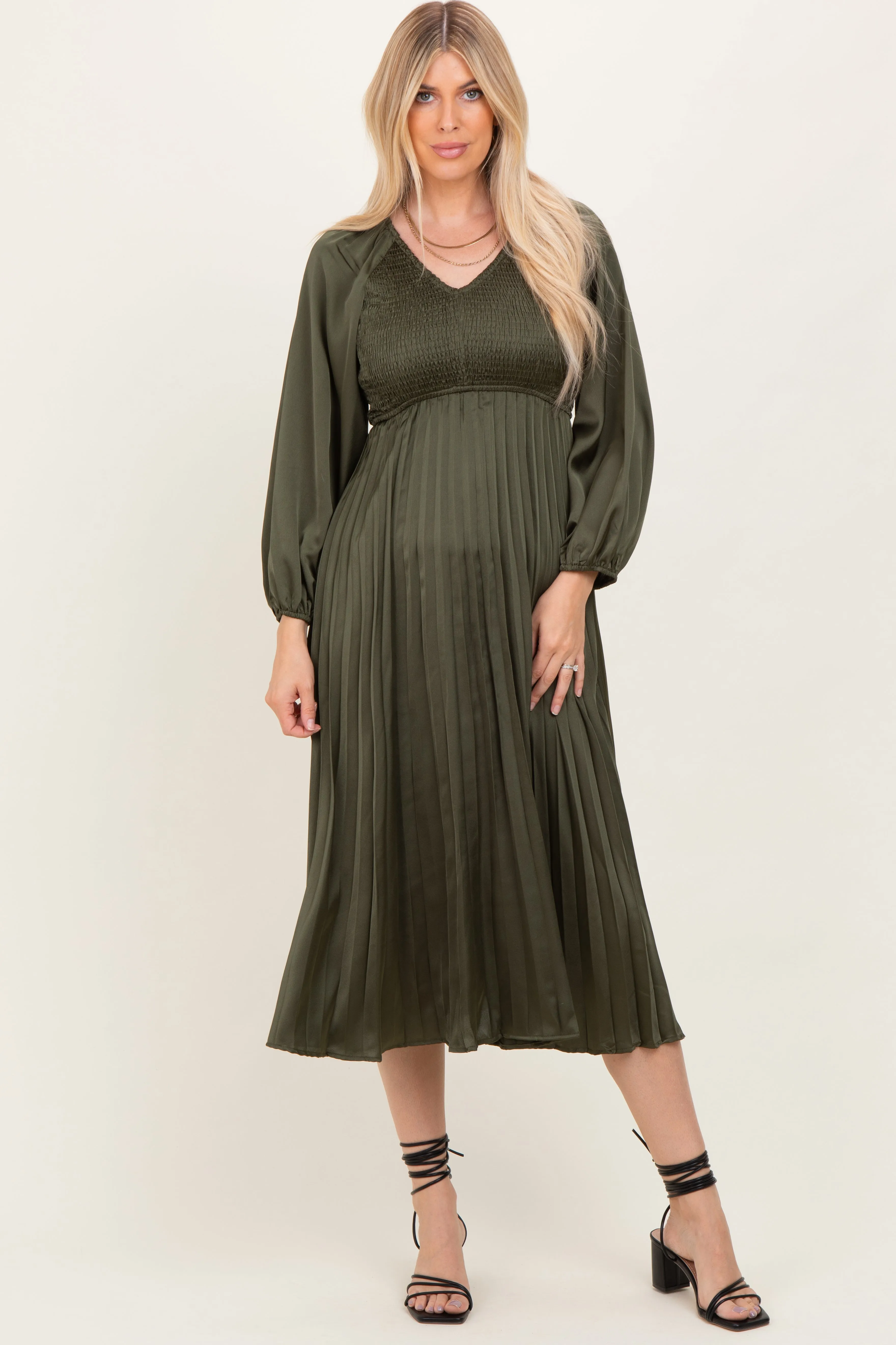 Olive Satin Smocked Pleated Midi Dress sold by Pinkblush