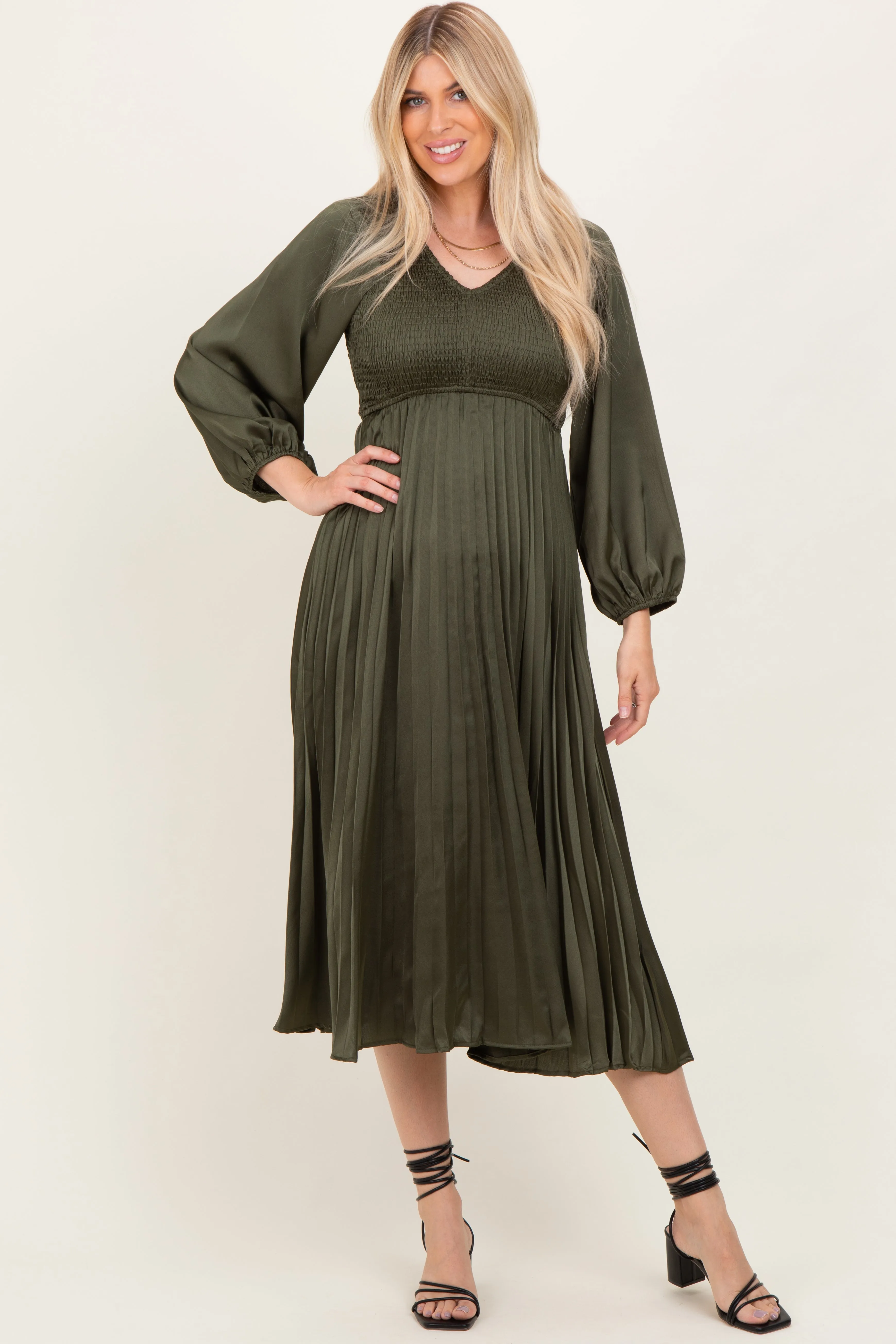 Olive Satin Smocked Pleated Midi Dress sold by Pinkblush product image thumbnail 2