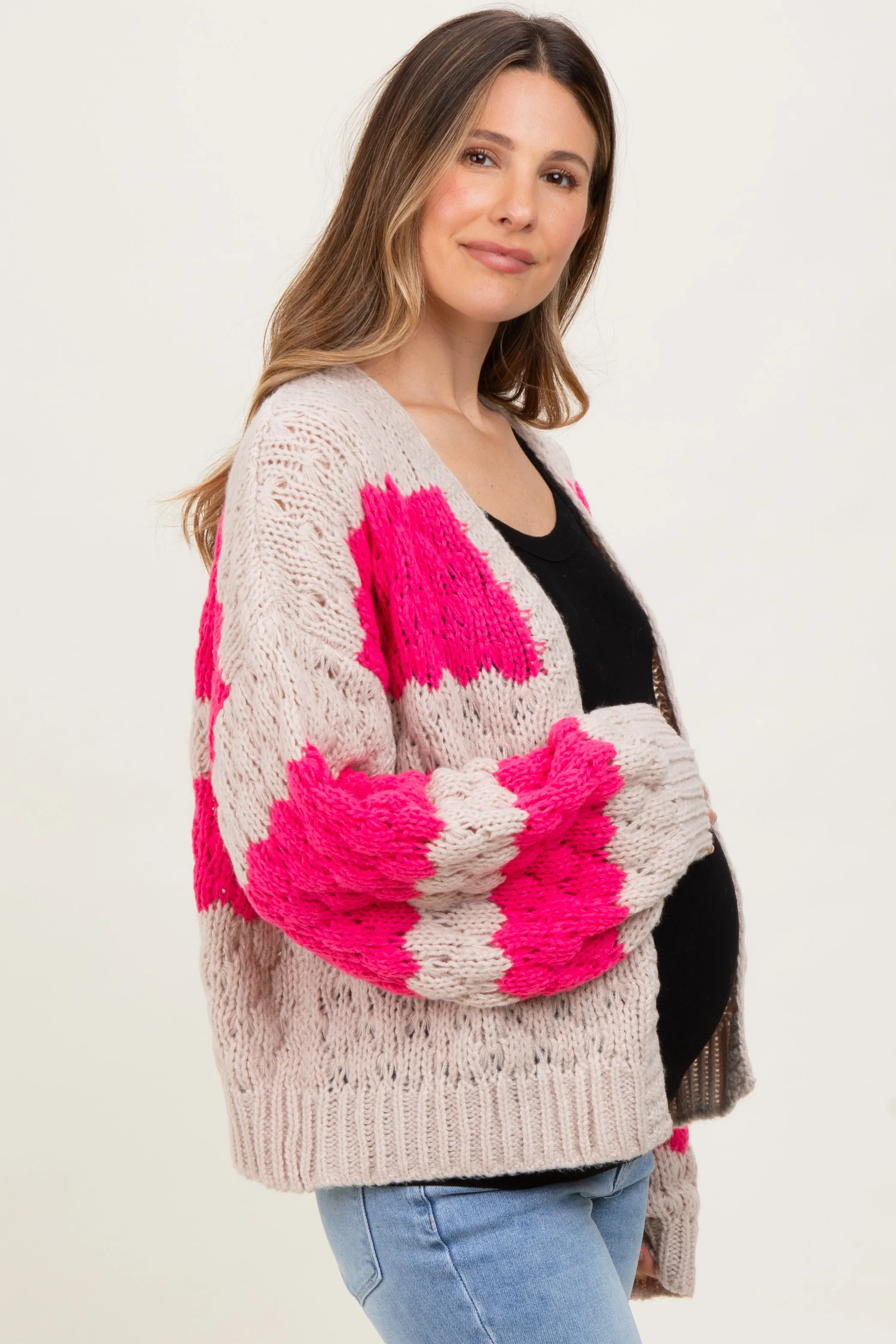 Pink Colorblock Chunky Knit Open Maternity Cardigan sold by Pinkblush product image thumbnail 2