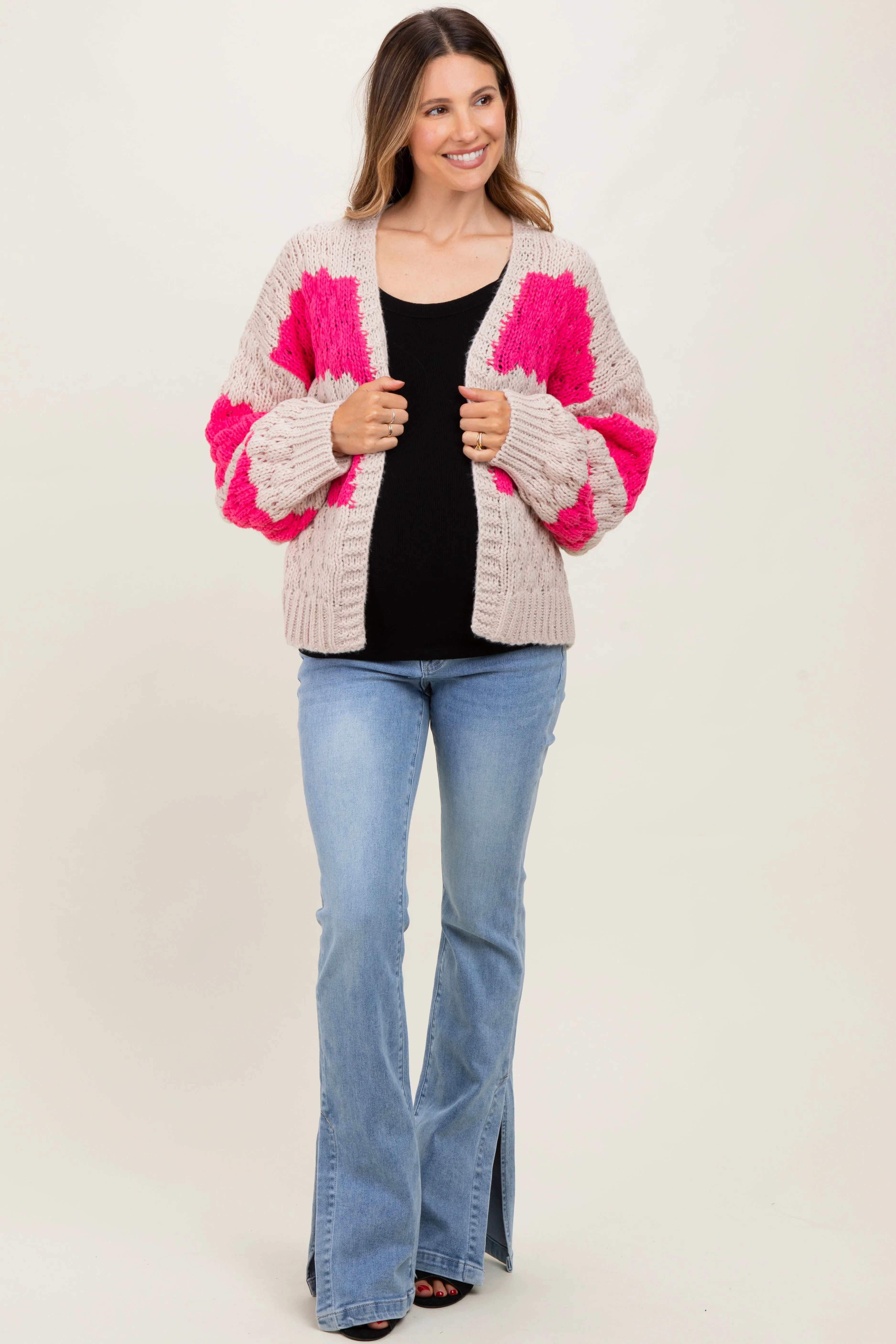 Pink Colorblock Chunky Knit Open Maternity Cardigan sold by Pinkblush product image thumbnail 3