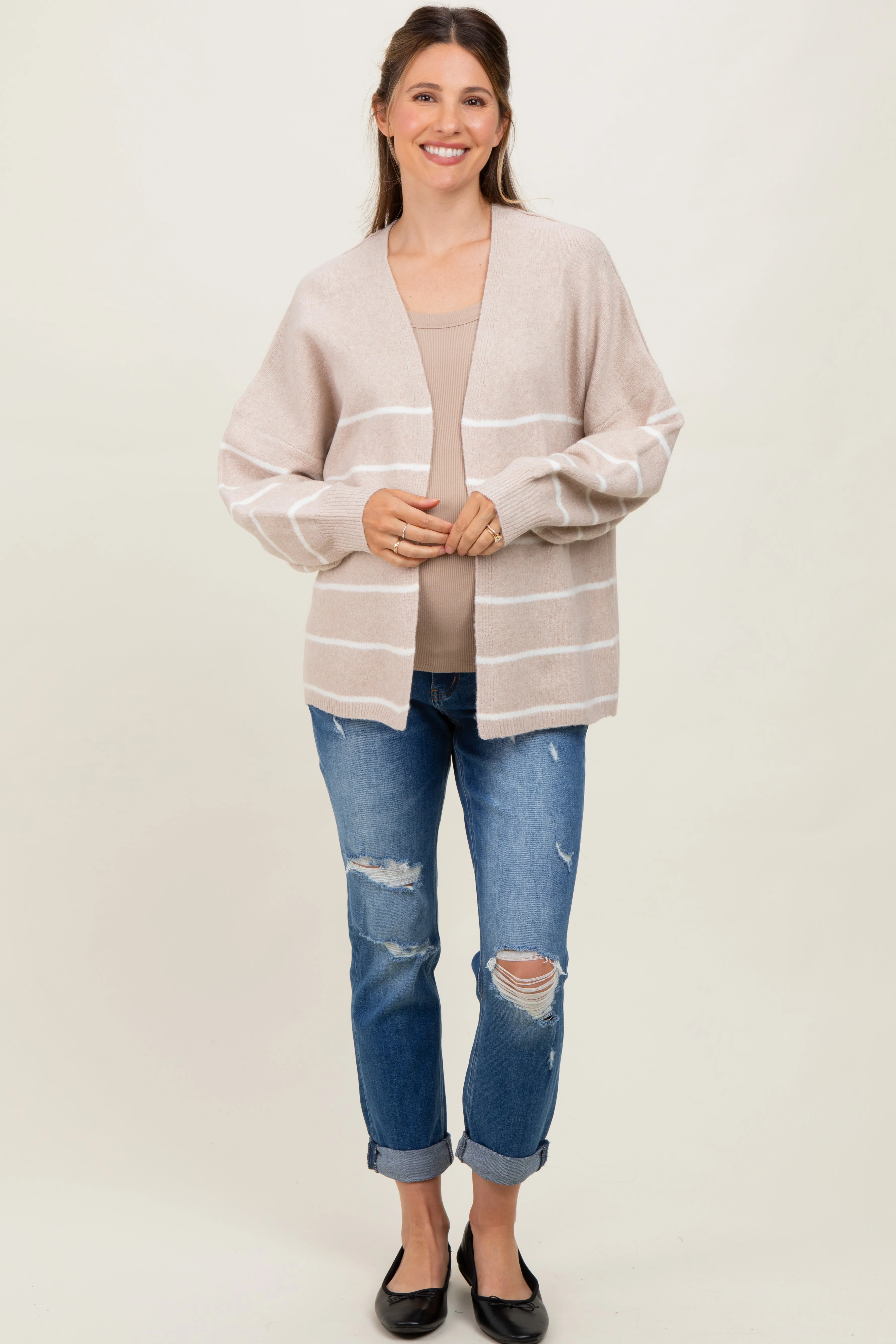 Taupe Striped Oversized Maternity Cardigan sold by Pinkblush product image thumbnail 2