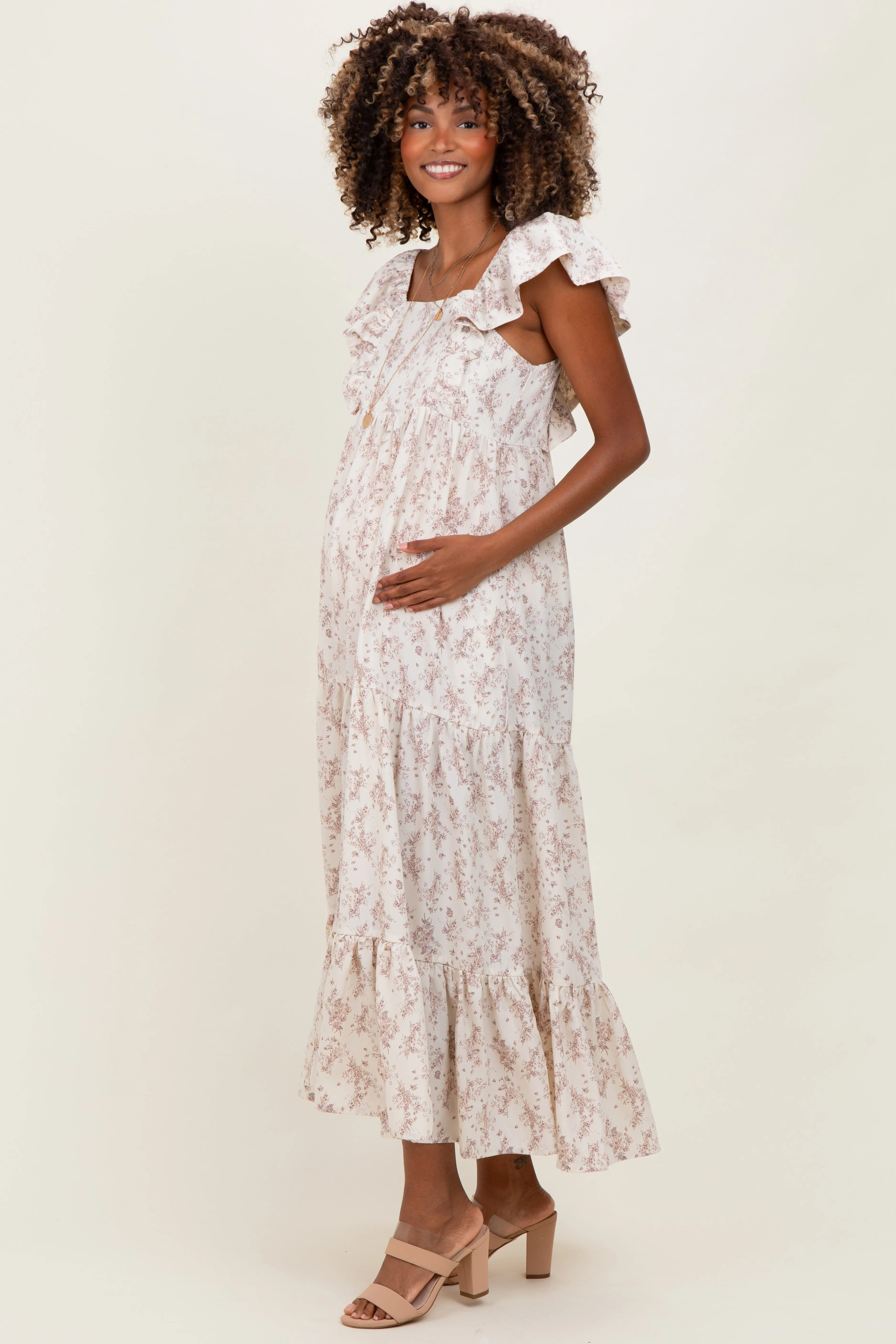 Ivory Floral Ruffle Sleeve Maternity Maxi Dress sold by Pinkblush product image thumbnail 4