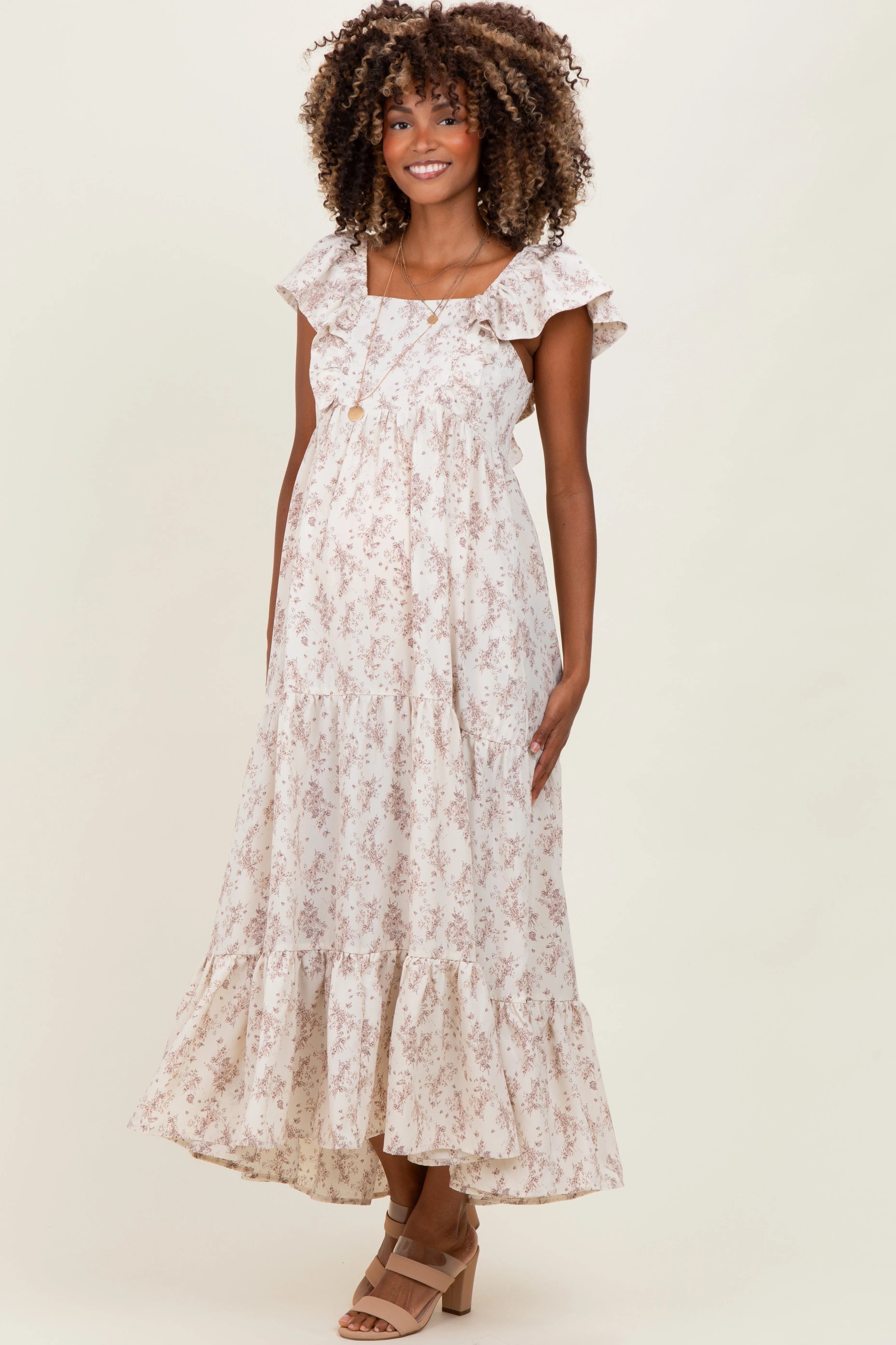 Ivory Floral Ruffle Sleeve Maternity Maxi Dress sold by Pinkblush
