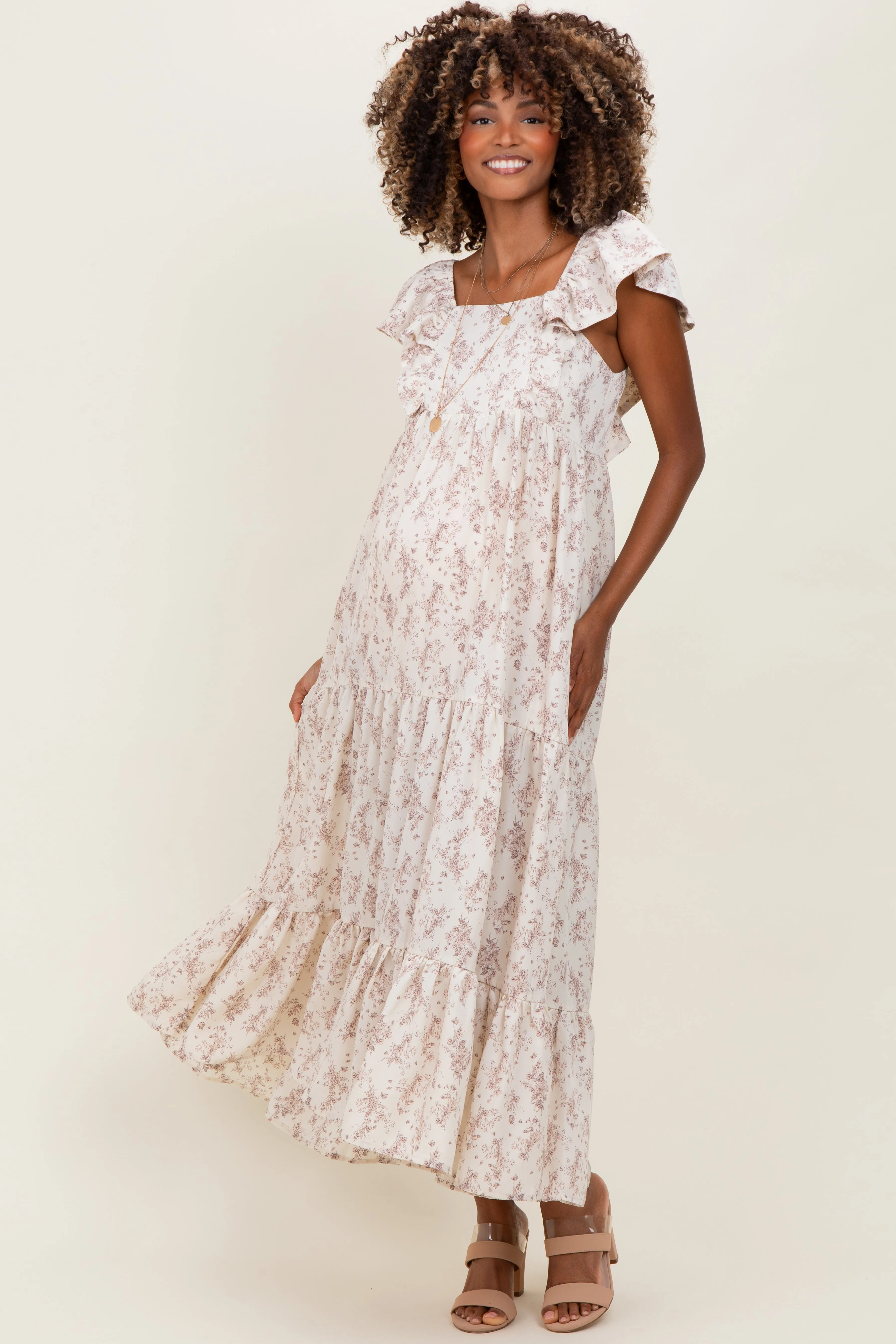 Ivory Floral Ruffle Sleeve Maternity Maxi Dress sold by Pinkblush product image thumbnail 2