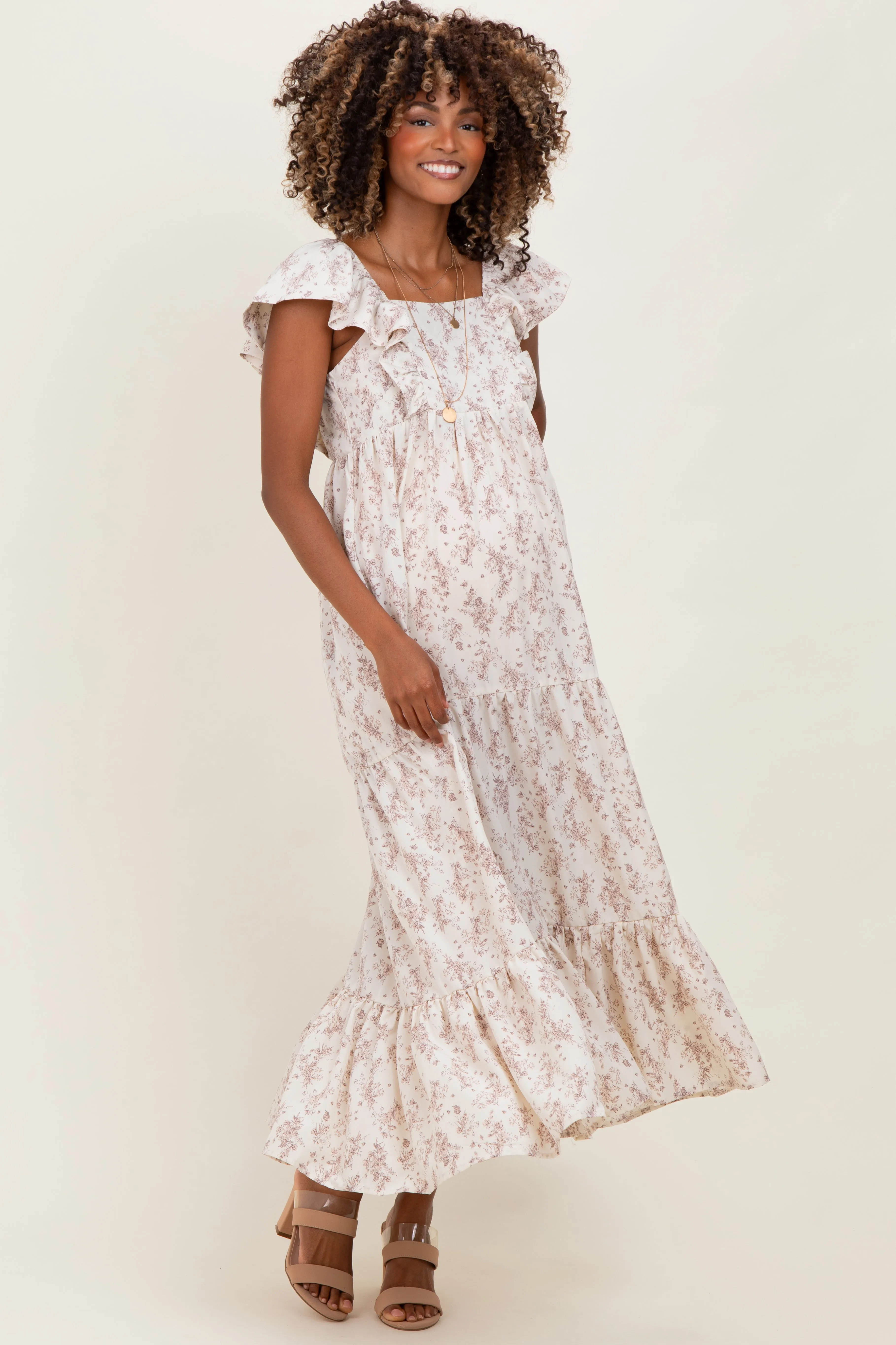 Ivory Floral Ruffle Sleeve Maternity Maxi Dress sold by Pinkblush product image thumbnail 3