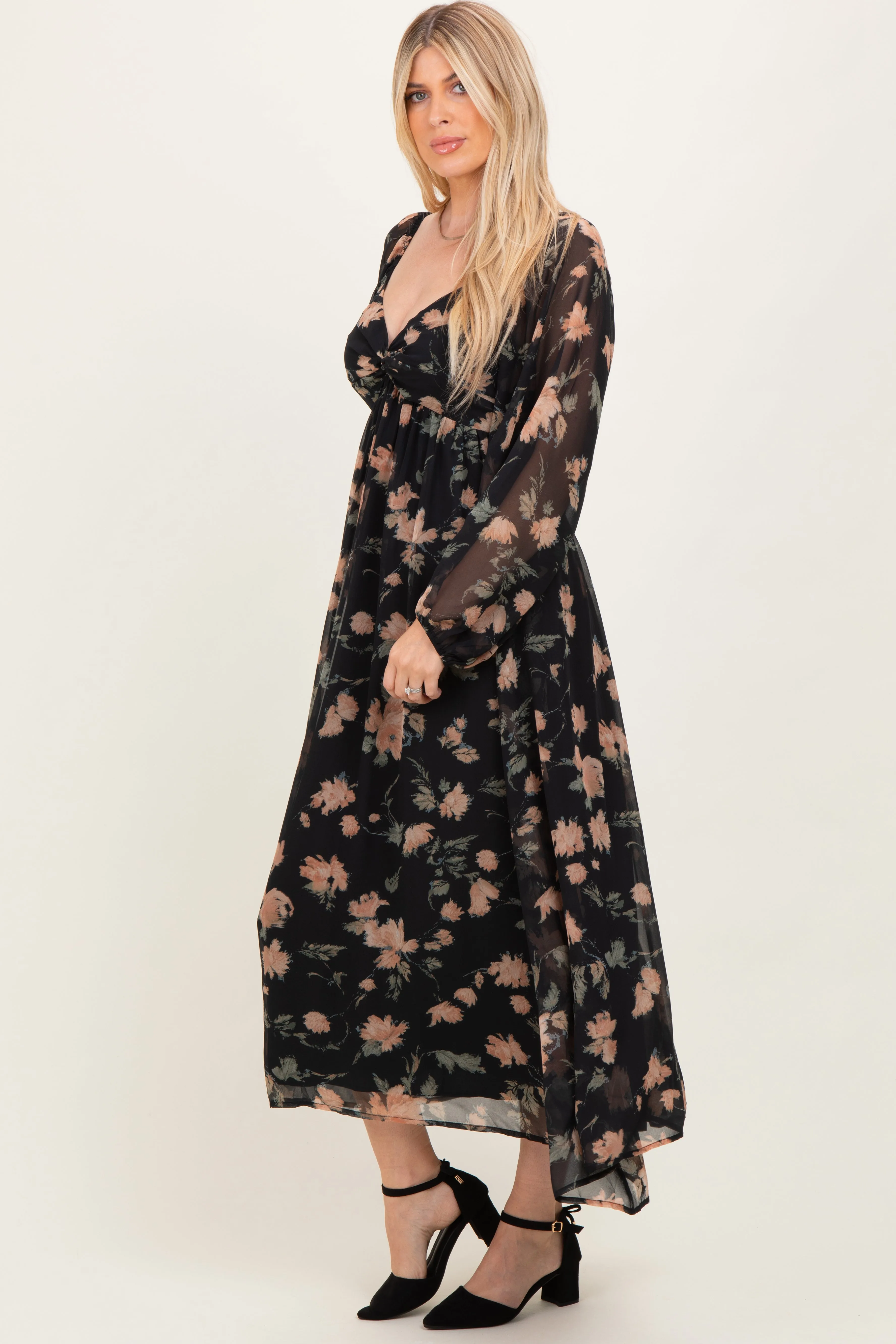 Black/Peach Floral Knotted Bust Chiffon Midi Dress sold by Pinkblush product image thumbnail 2