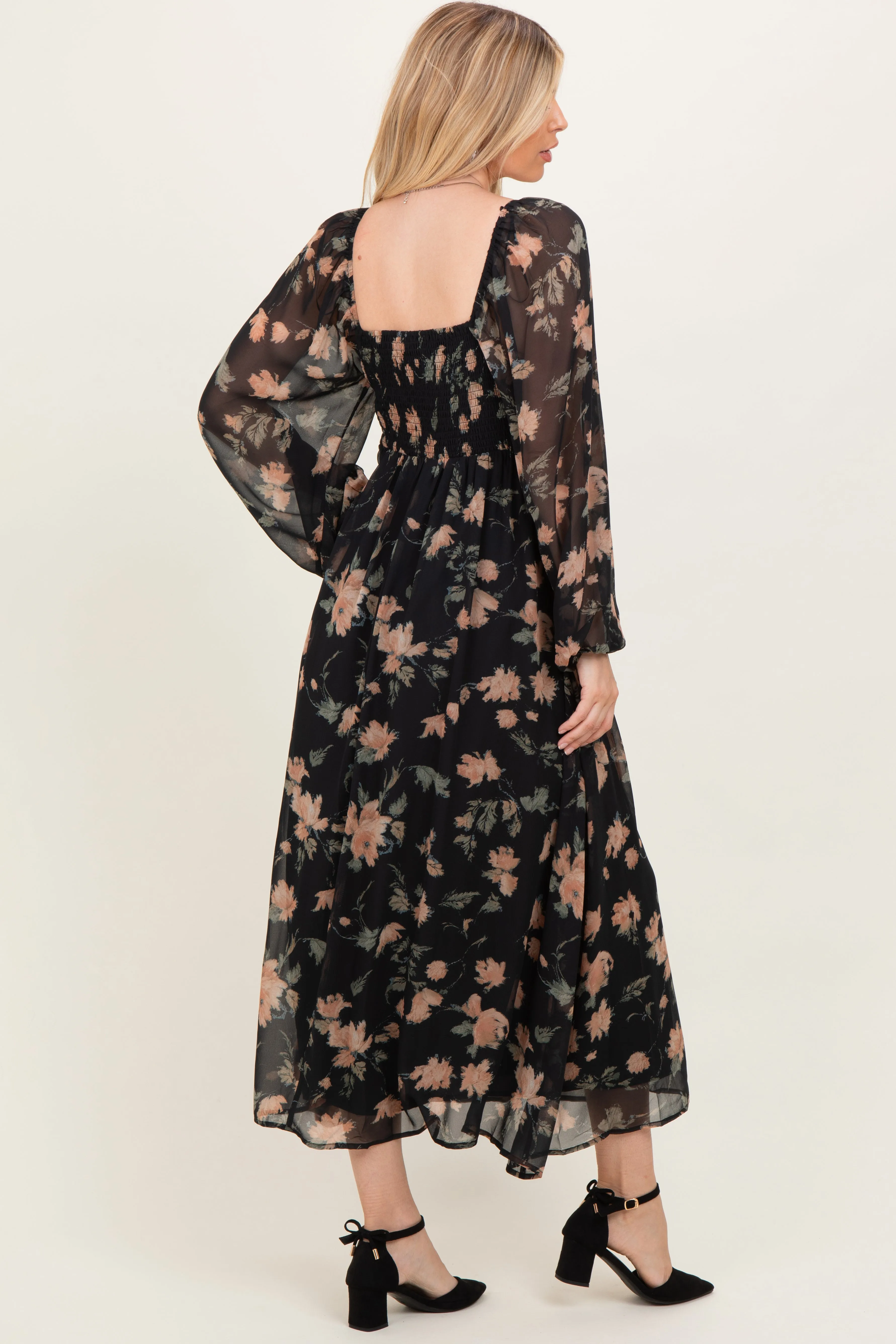 Black/Peach Floral Knotted Bust Chiffon Midi Dress sold by Pinkblush product image thumbnail 3