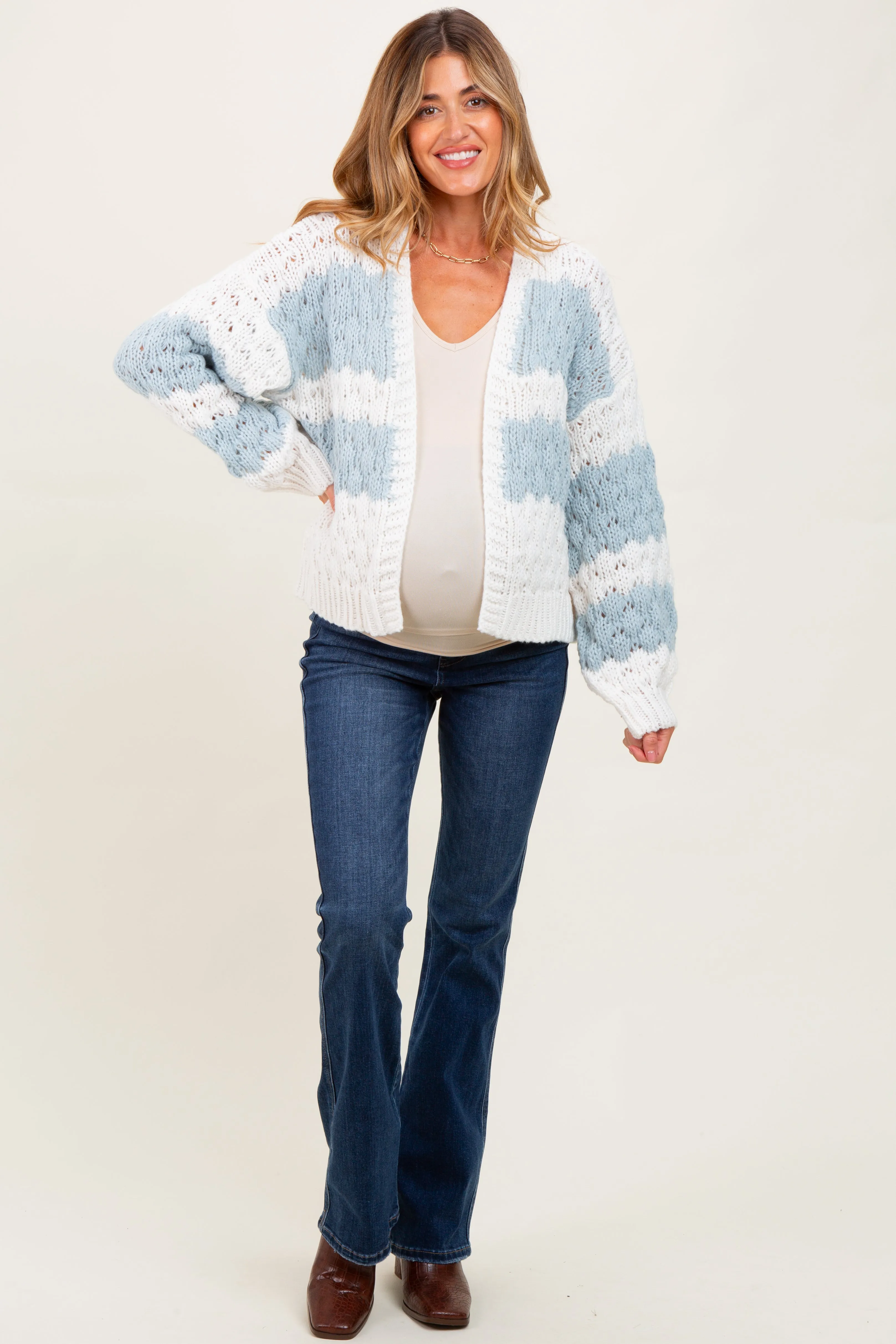 Light Olive Colorblock Chunky Knit Open Maternity Cardigan sold by Pinkblush product image thumbnail 2