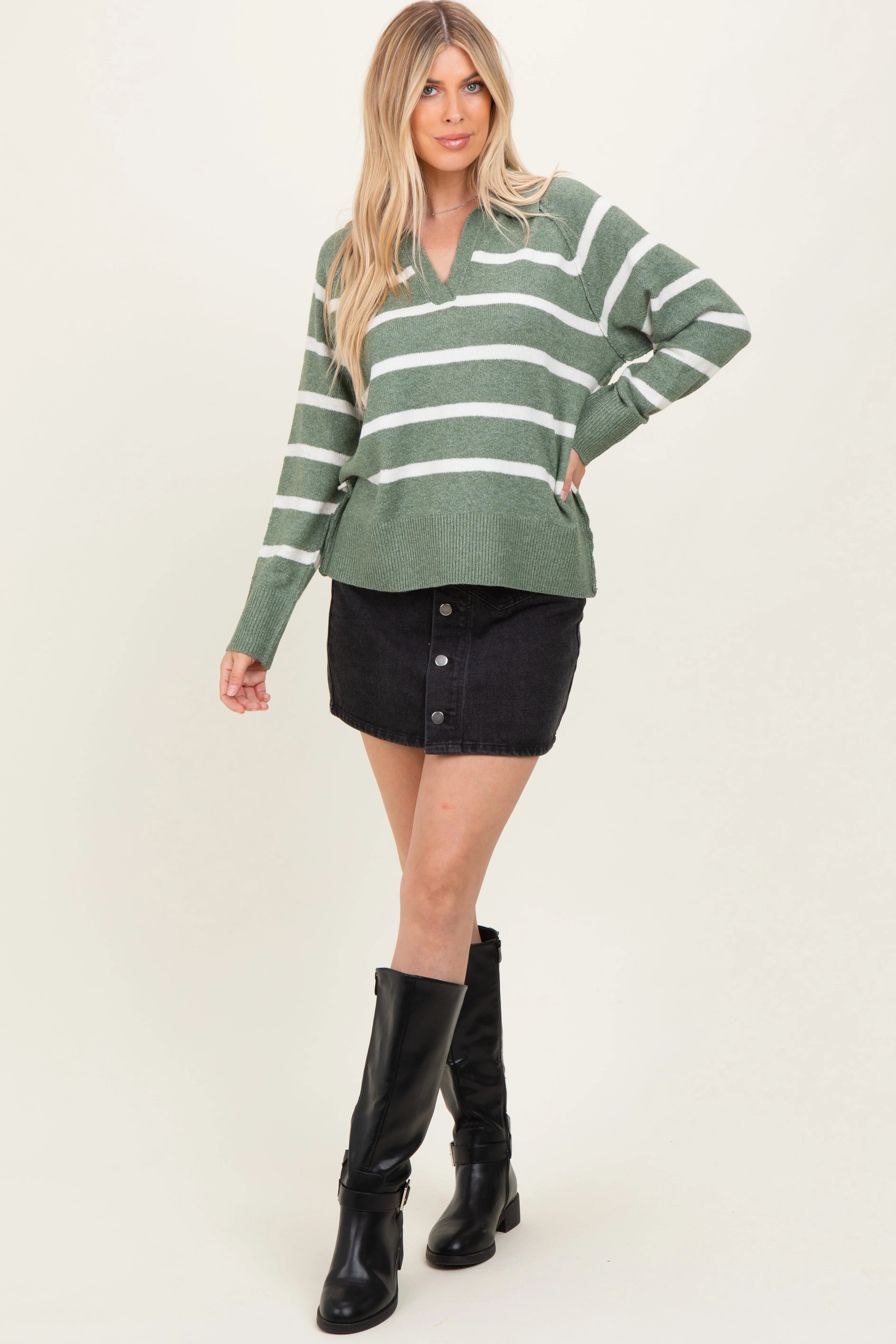 Light Olive Striped Oversized Polo Sweater sold by Pinkblush product image thumbnail 2