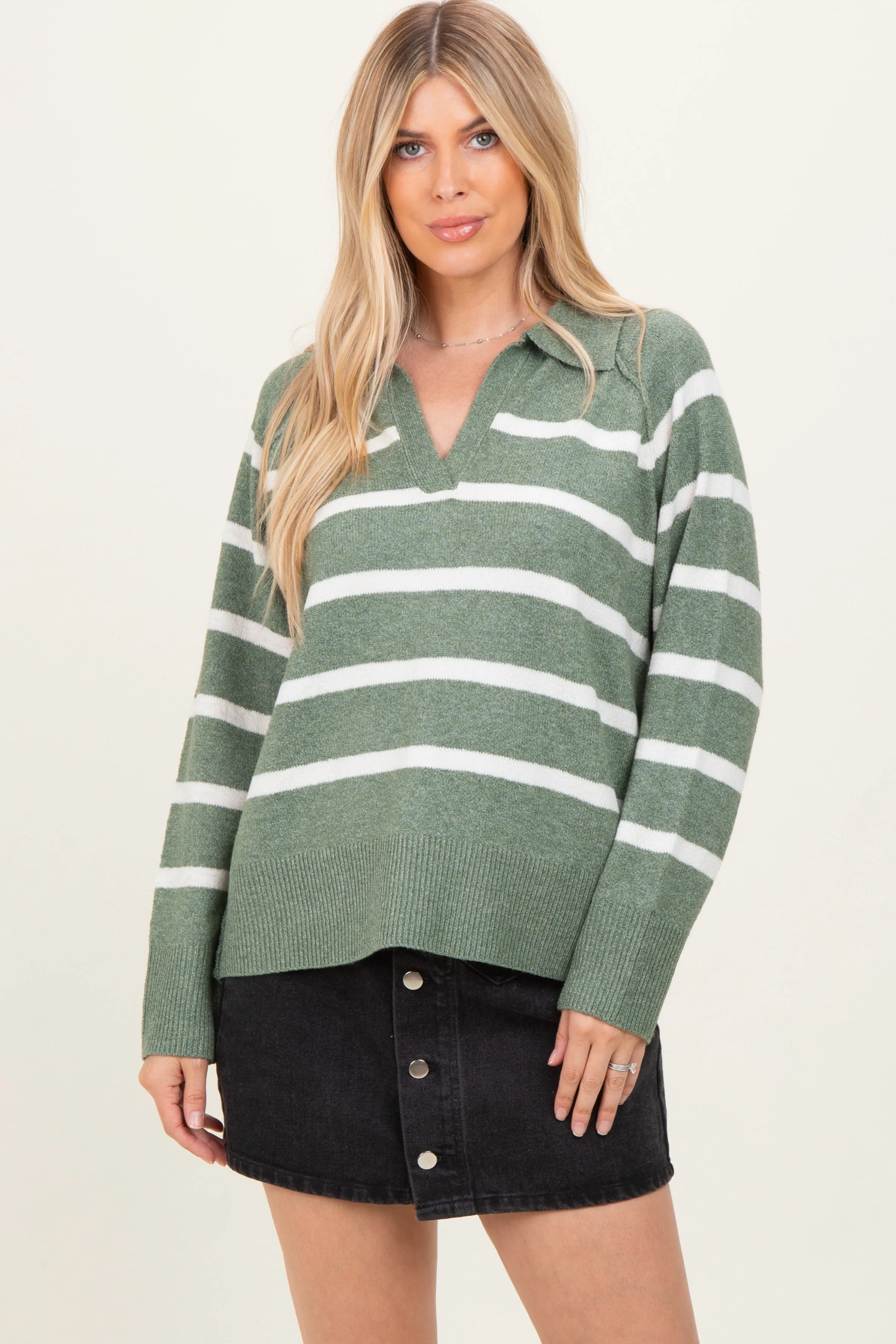 Light Olive Striped Oversized Polo Sweater sold by Pinkblush