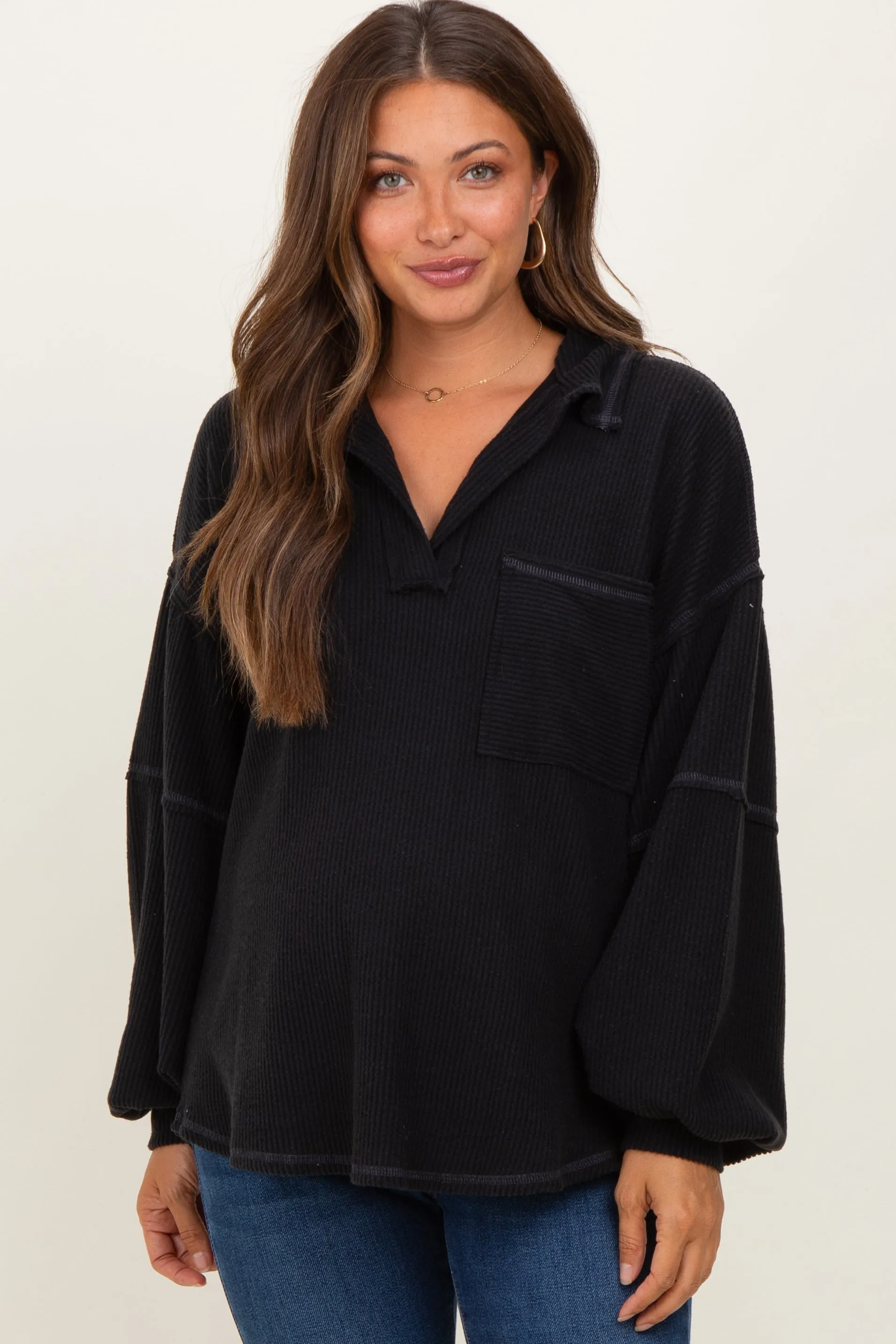 Black Solid Ribbed Long Sleeve Pocketed Collared V-Neck Maternity Top sold by Pinkblush
