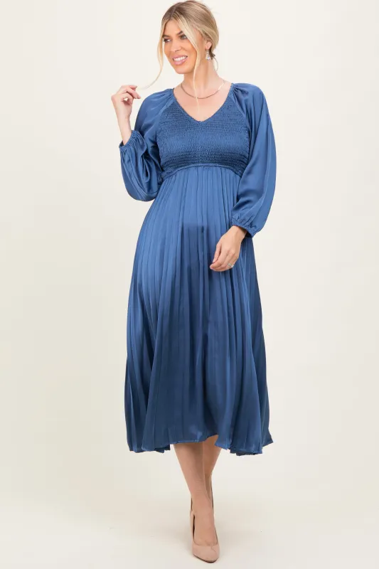 Blue Satin Smocked Pleated Midi Dress sold by Pinkblush