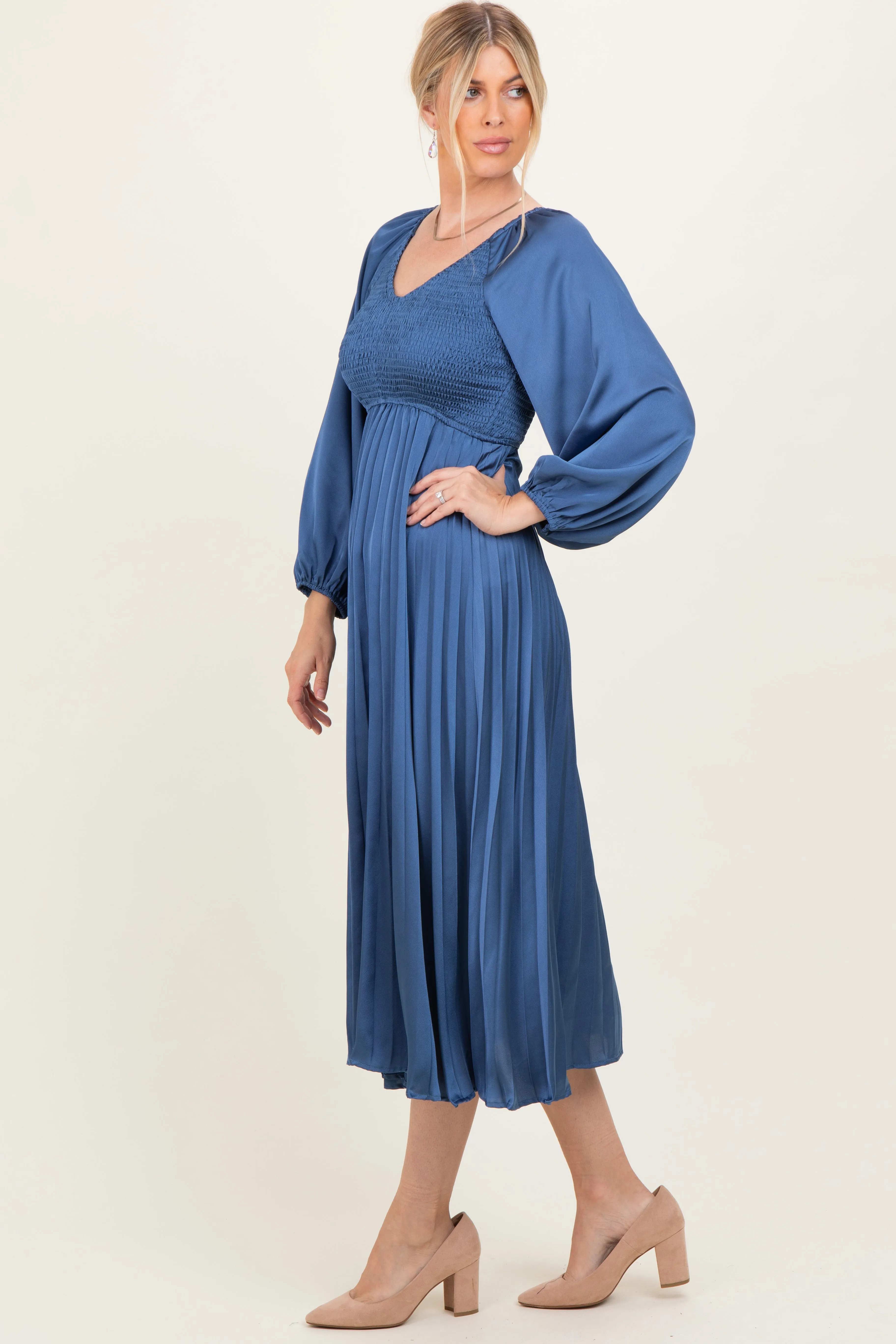 Blue Satin Smocked Pleated Midi Dress sold by Pinkblush product image thumbnail 2