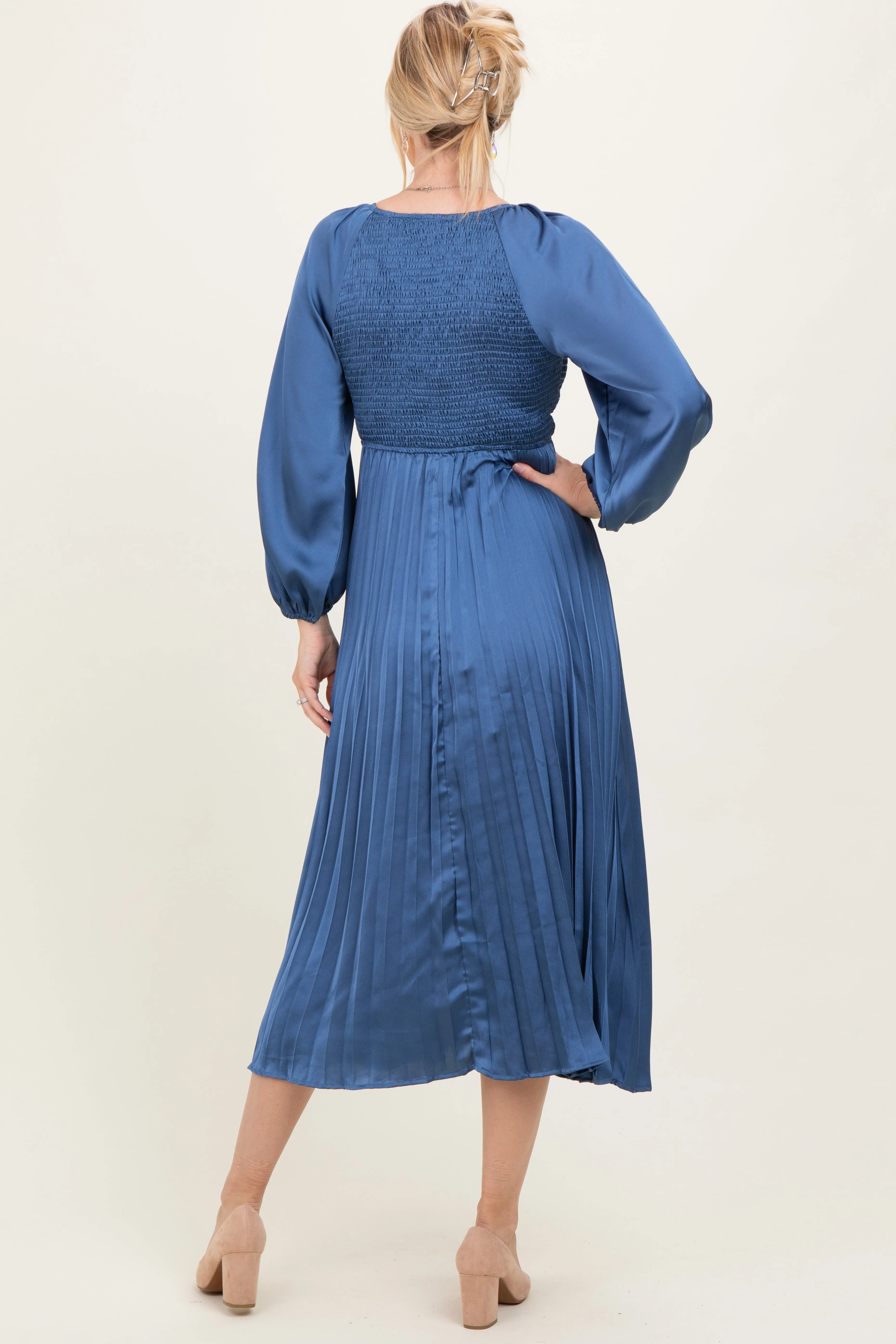 Blue Satin Smocked Pleated Midi Dress sold by Pinkblush product image thumbnail 3
