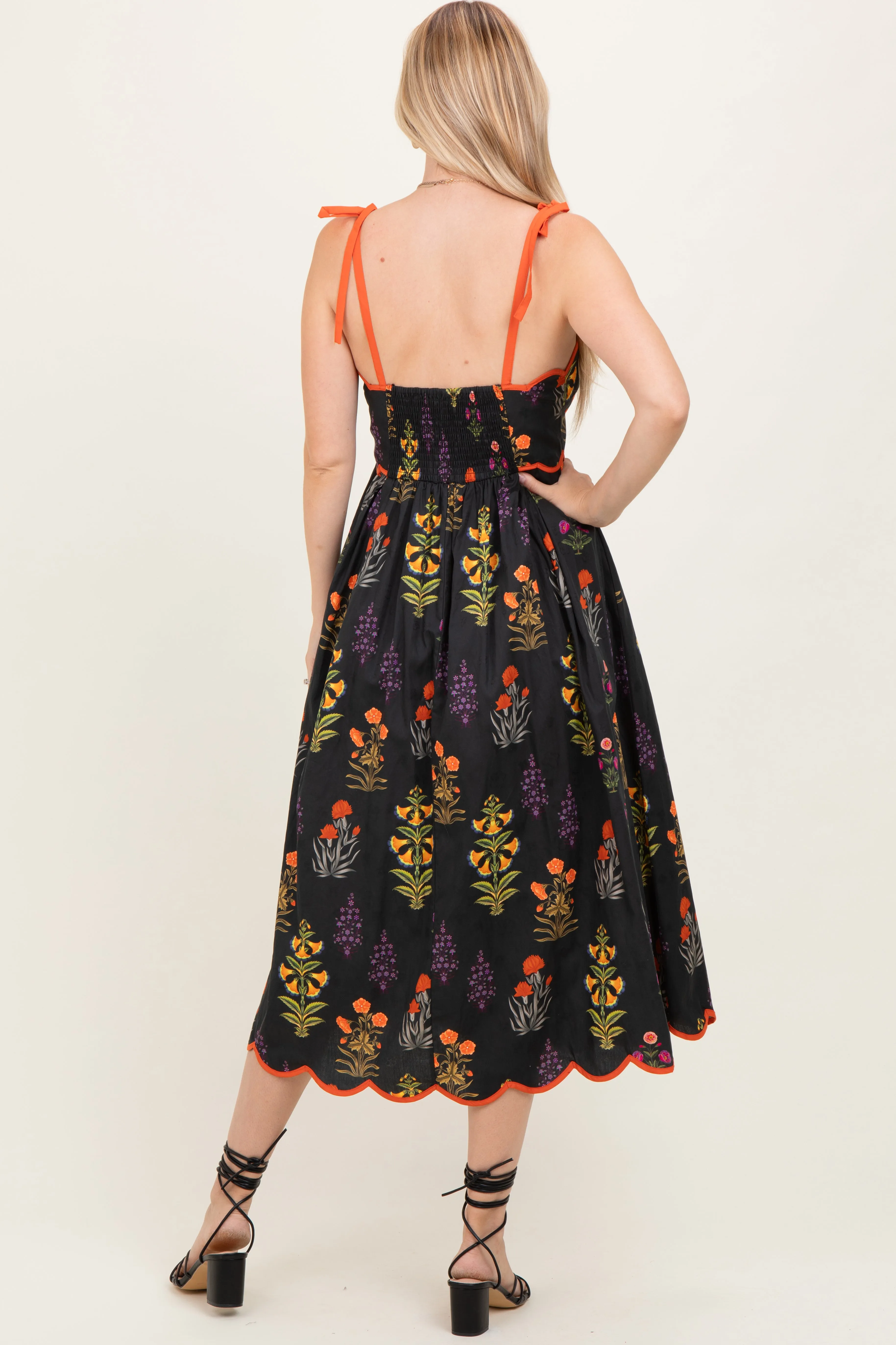 Black Floral Scallop Edge Shoulder Tie Midi Dress sold by Pinkblush product image thumbnail 4