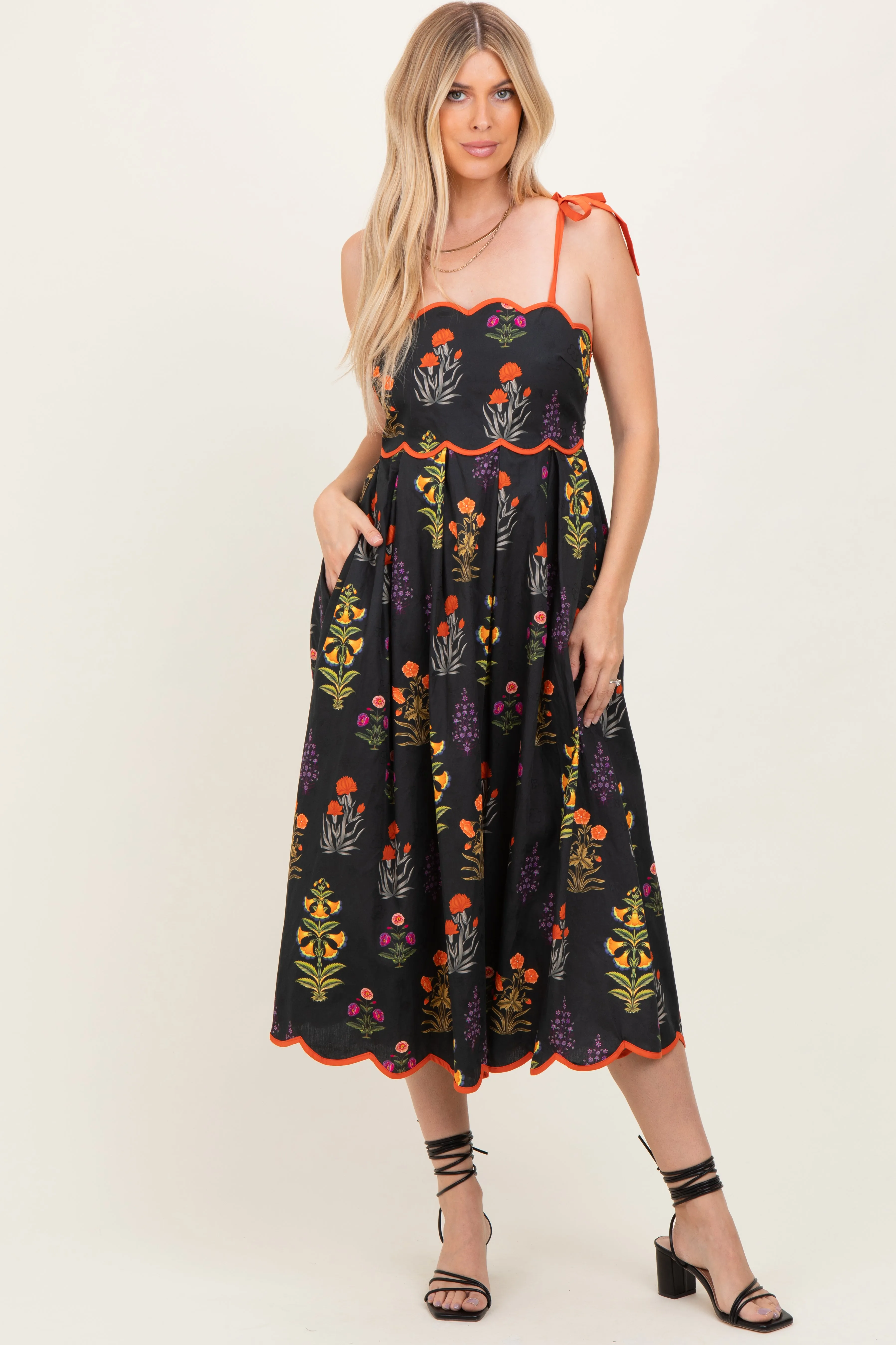 Black Floral Scallop Edge Shoulder Tie Midi Dress sold by Pinkblush