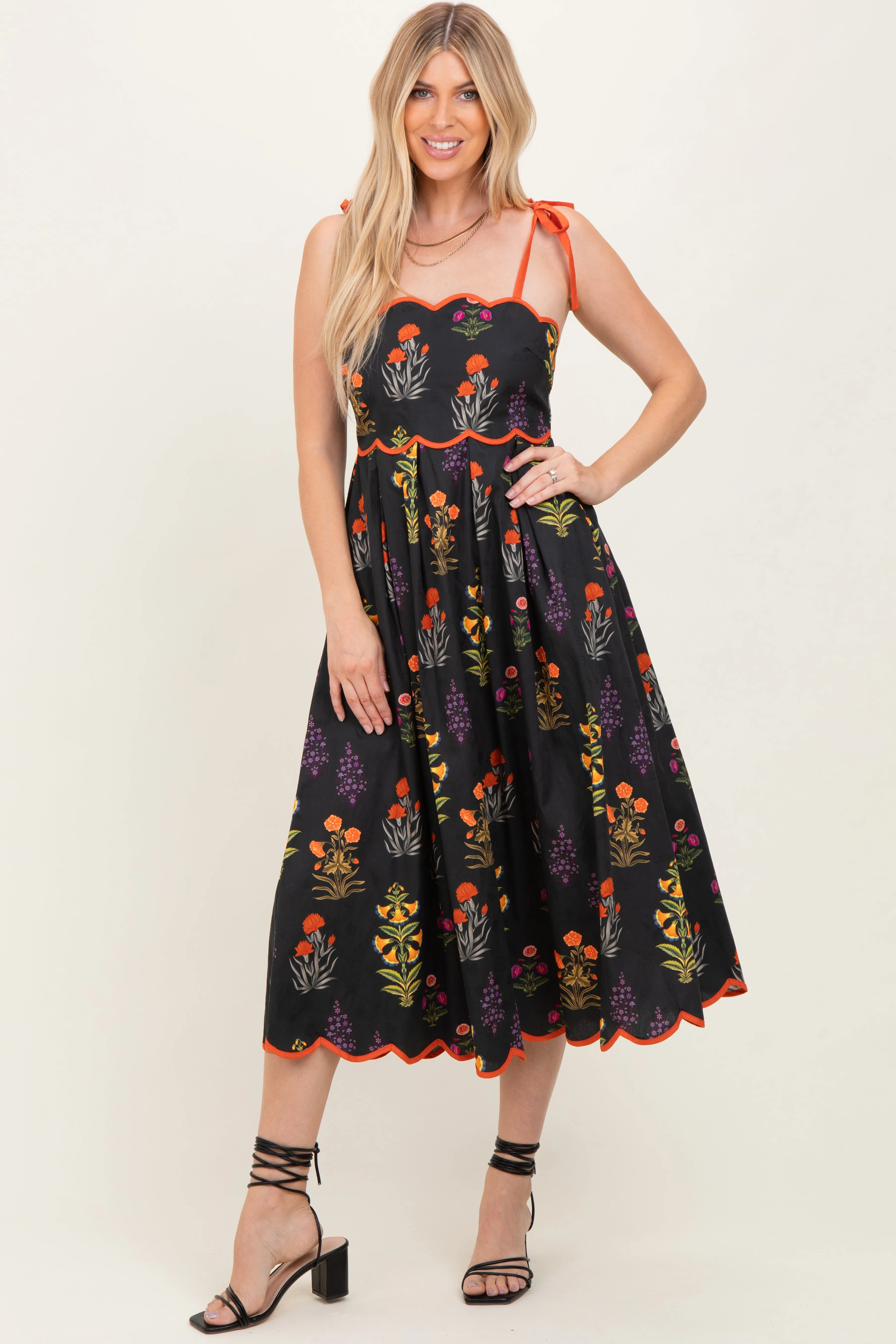 Black Floral Scallop Edge Shoulder Tie Midi Dress sold by Pinkblush product image thumbnail 2