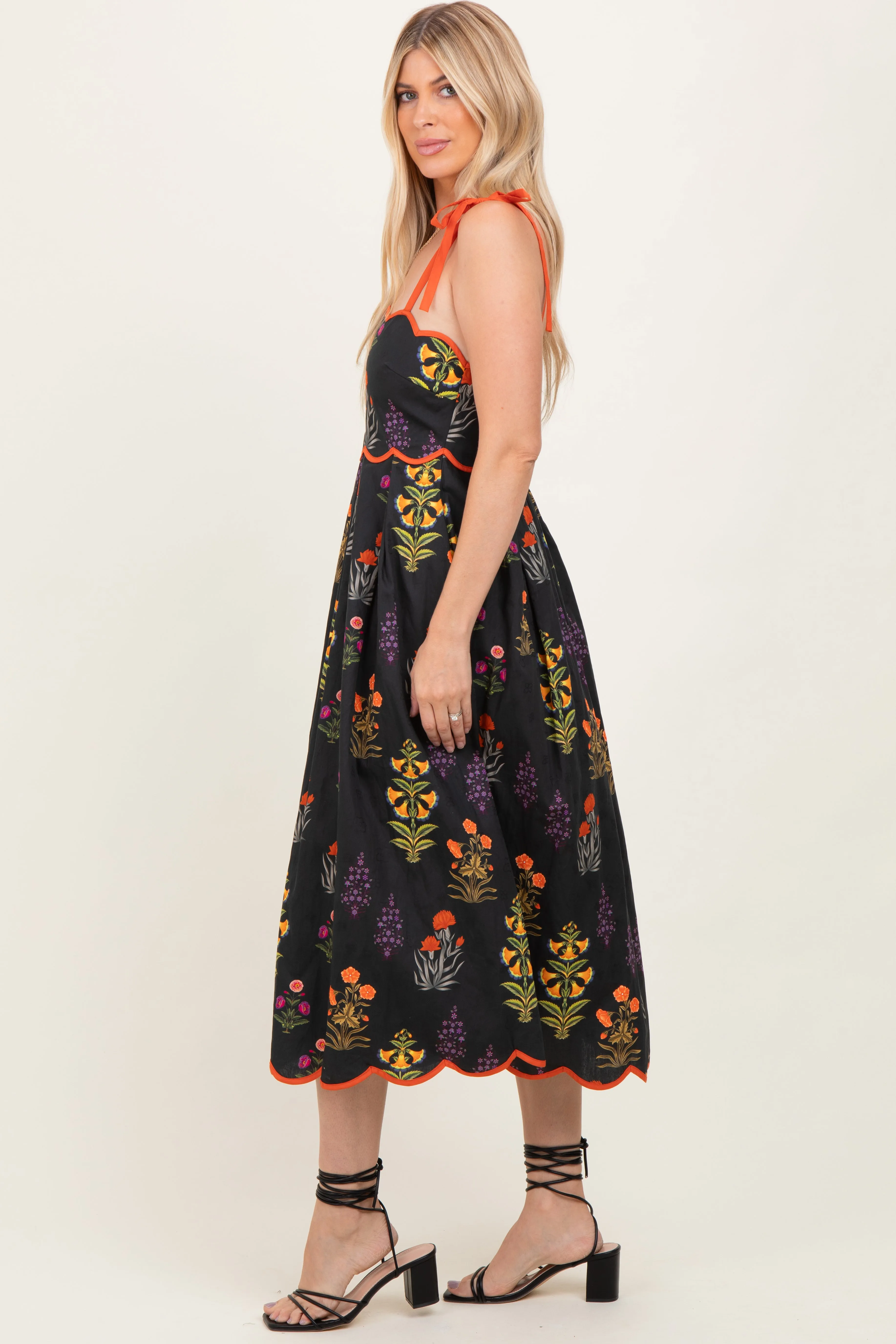 Black Floral Scallop Edge Shoulder Tie Midi Dress sold by Pinkblush product image thumbnail 3