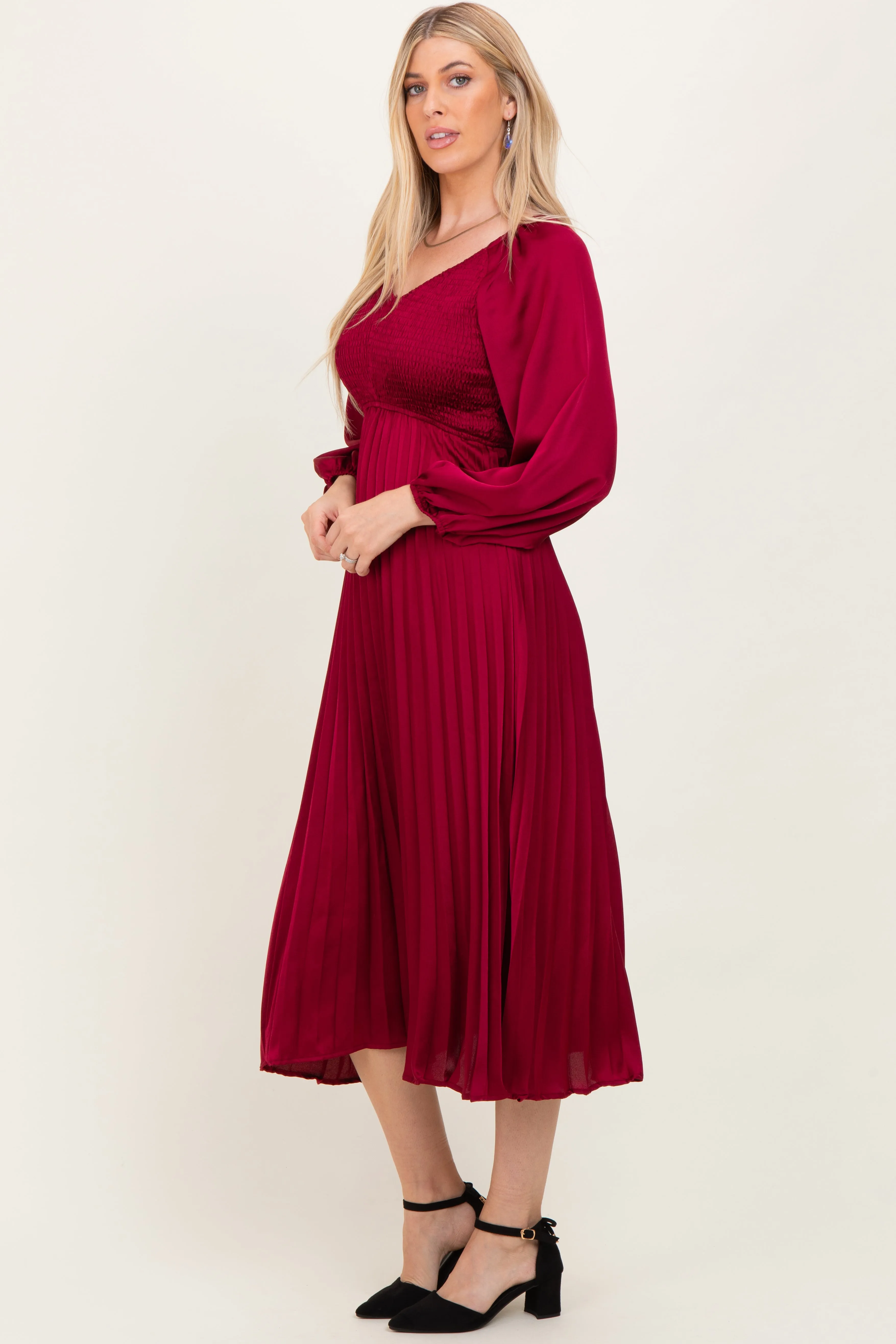 Burgundy Satin Smocked Pleated Midi Dress sold by Pinkblush product image thumbnail 3