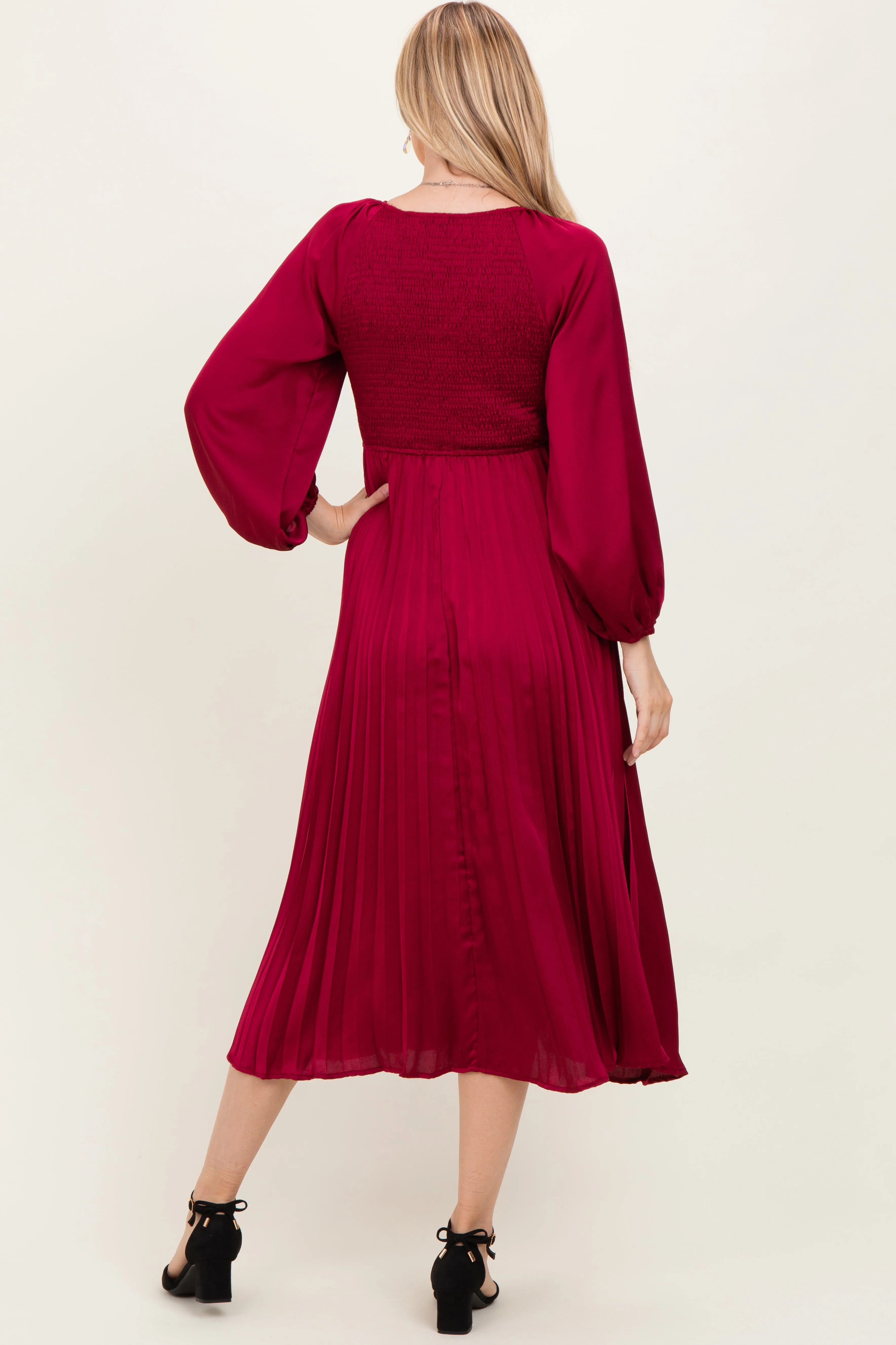 Burgundy Satin Smocked Pleated Midi Dress sold by Pinkblush product image thumbnail 4