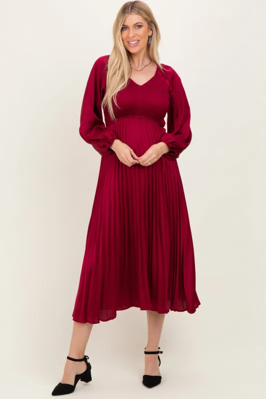 Burgundy Satin Smocked Pleated Midi Dress sold by Pinkblush