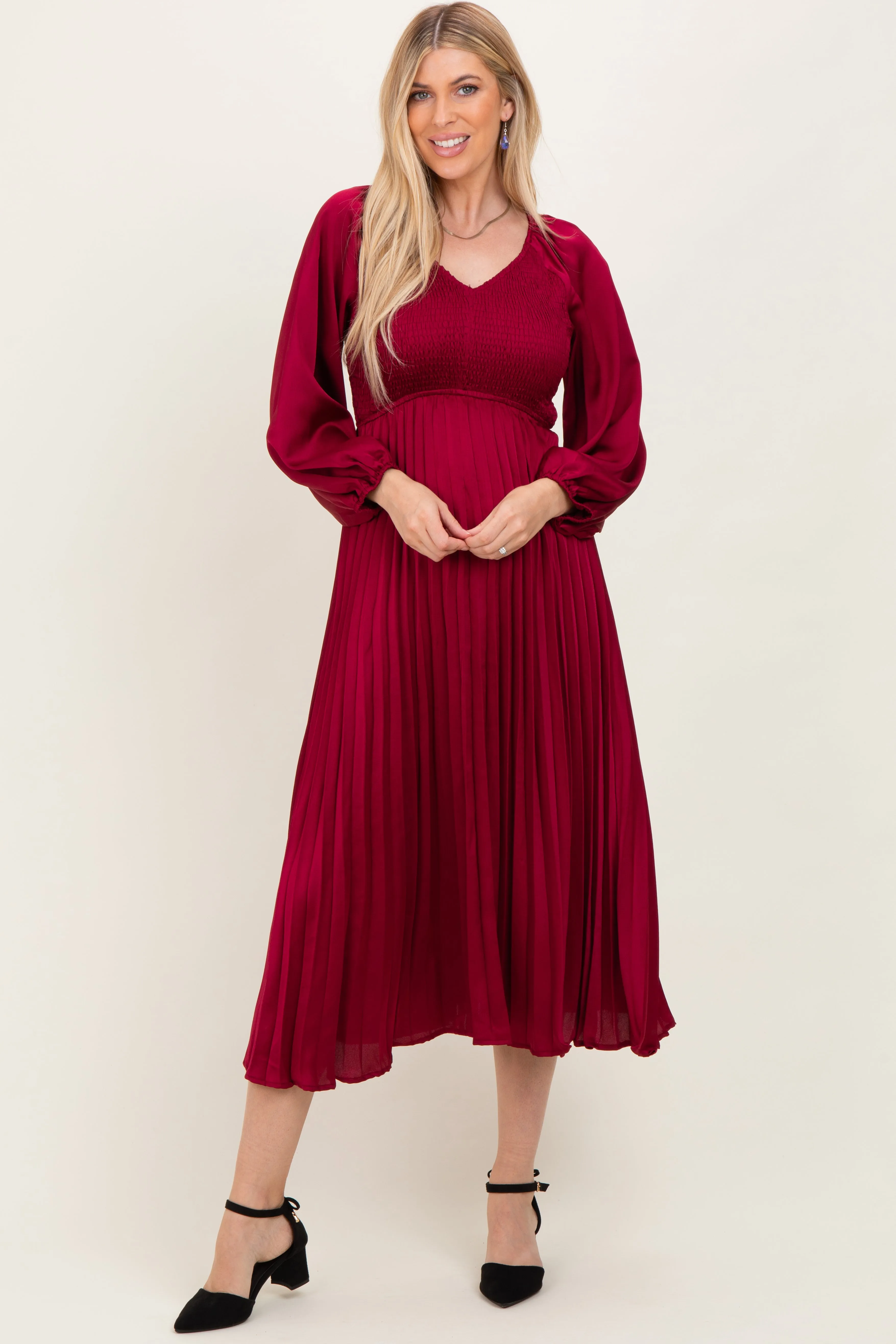 Burgundy Satin Smocked Pleated Midi Dress sold by Pinkblush