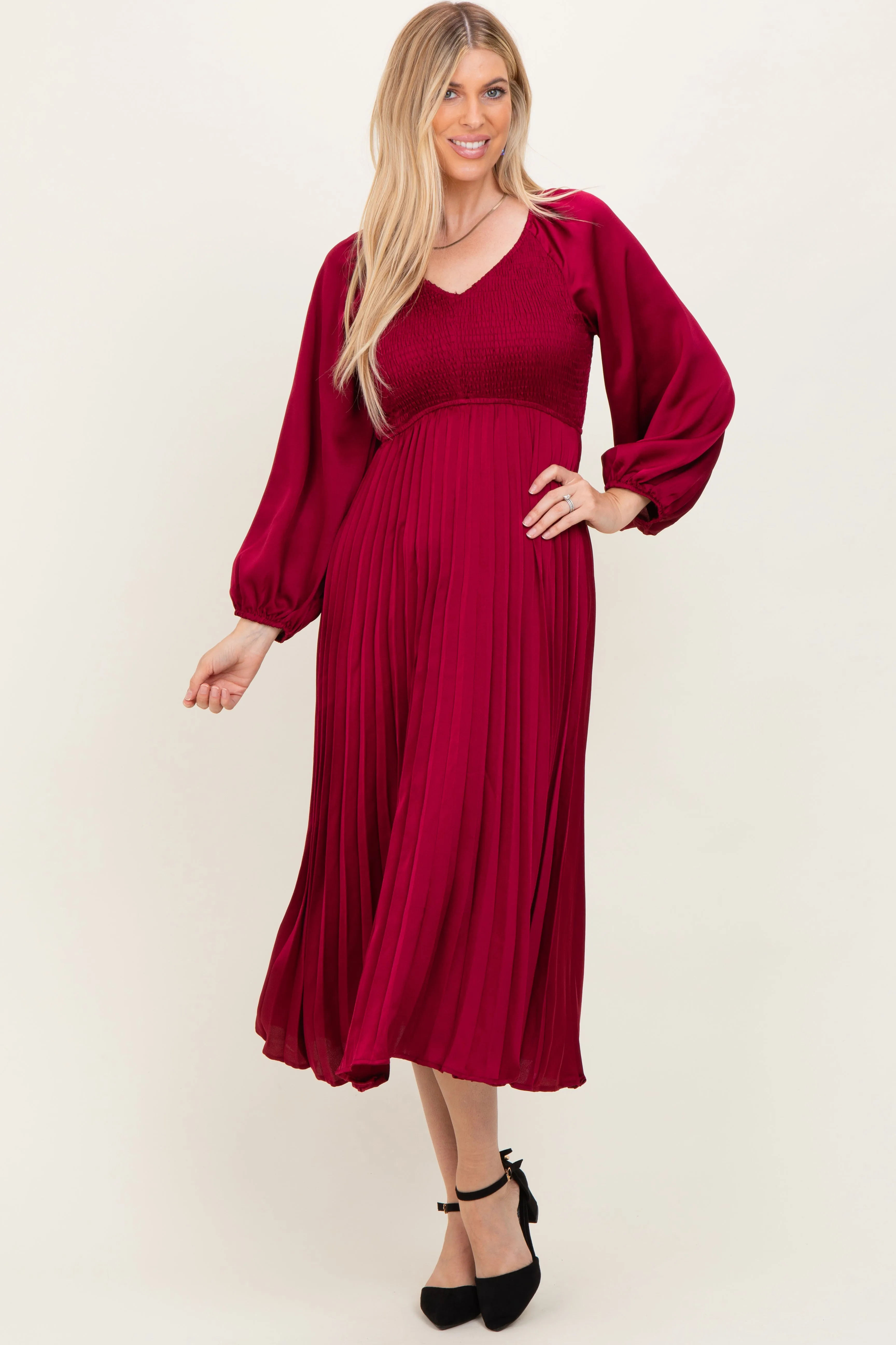 Burgundy Satin Smocked Pleated Midi Dress sold by Pinkblush product image thumbnail 2