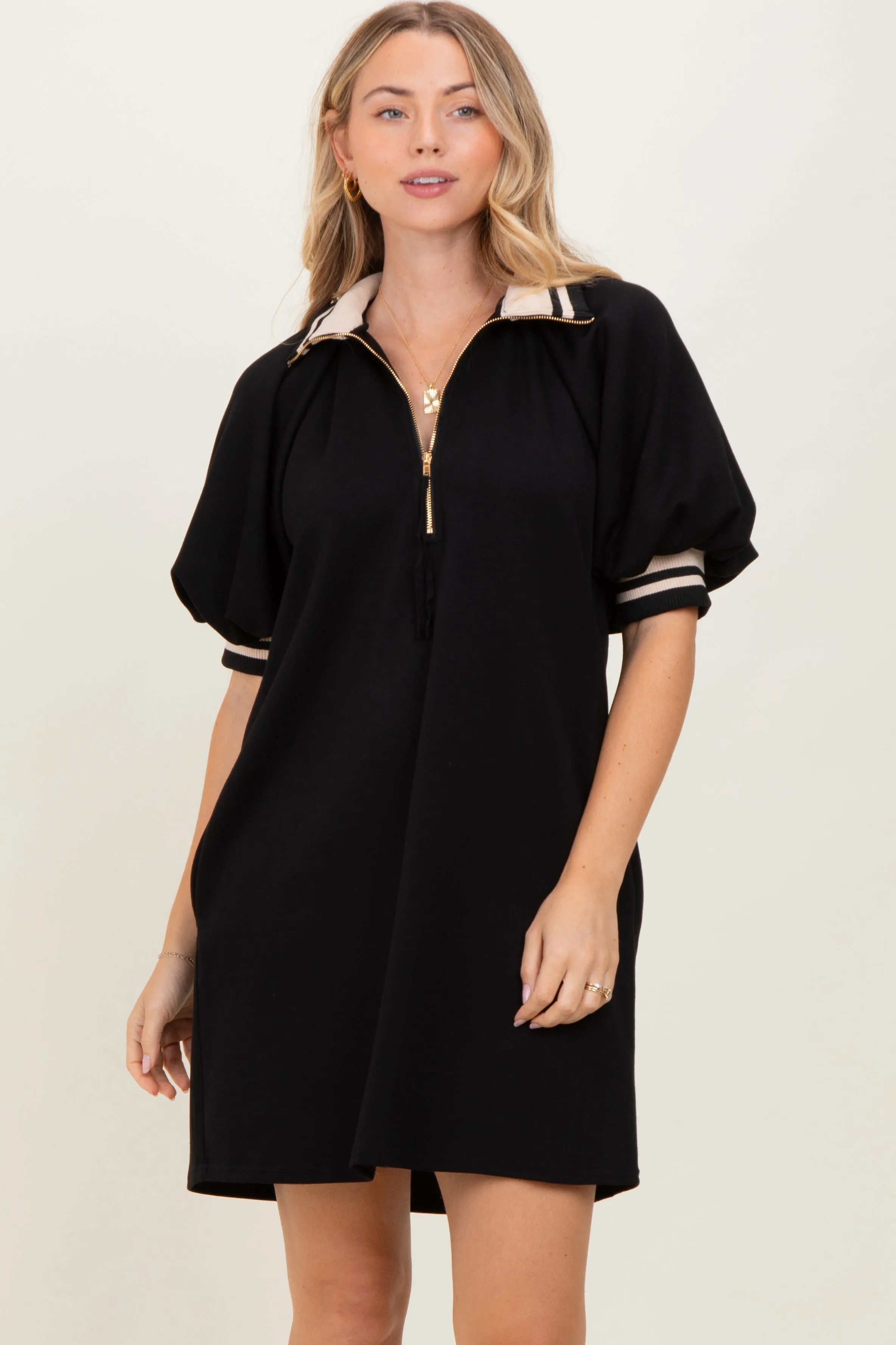 Black Half Zip Puff Sleeve Maternity Mini Dress sold by Pinkblush product image thumbnail 4