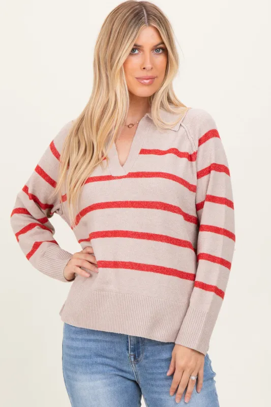 Beige Striped Oversized Polo Sweater sold by Pinkblush