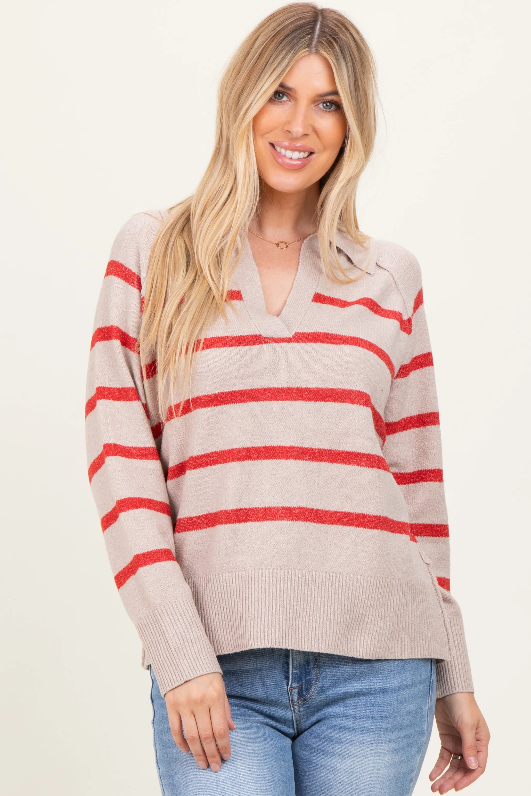 Beige Striped Oversized Polo Sweater sold by Pinkblush product image thumbnail 2