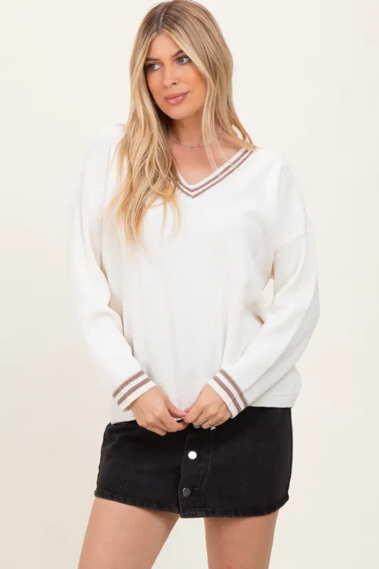 Ivory Deep V-Neck Border Stripe Sweater sold by Pinkblush