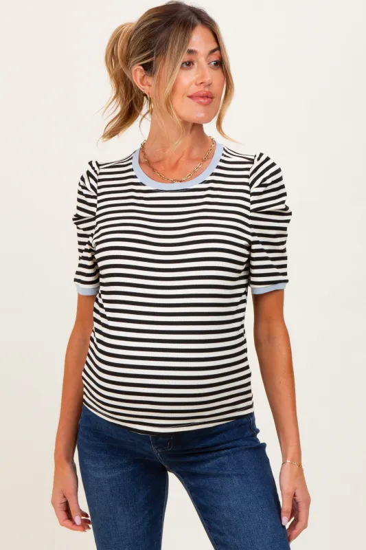 Black Striped Ribbed Puff Sleeve Maternity Top sold by Pinkblush