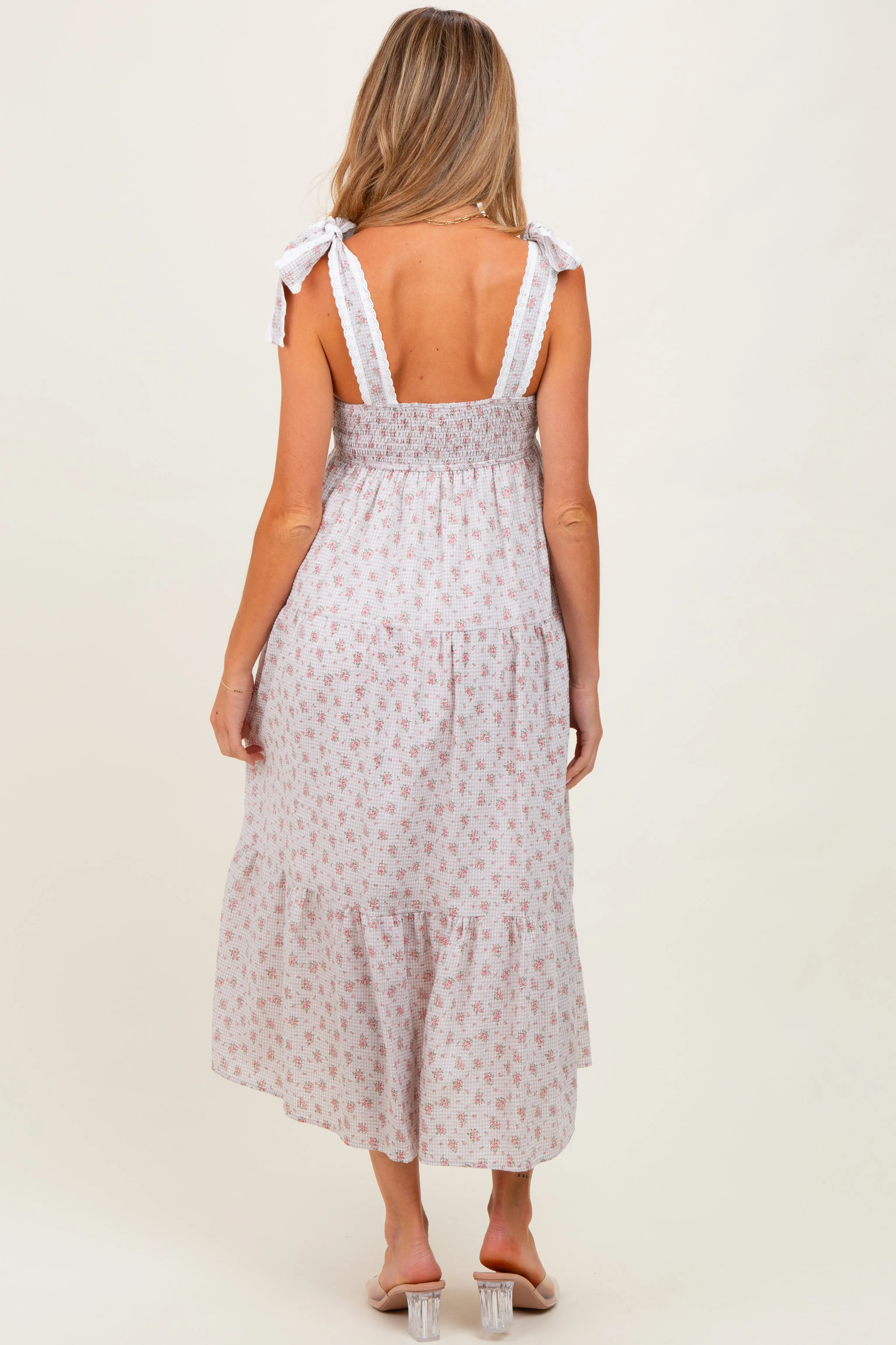 Light Taupe Floral Gingham Shoulder Tie Maternity Midi Dress sold by Pinkblush product image thumbnail 5