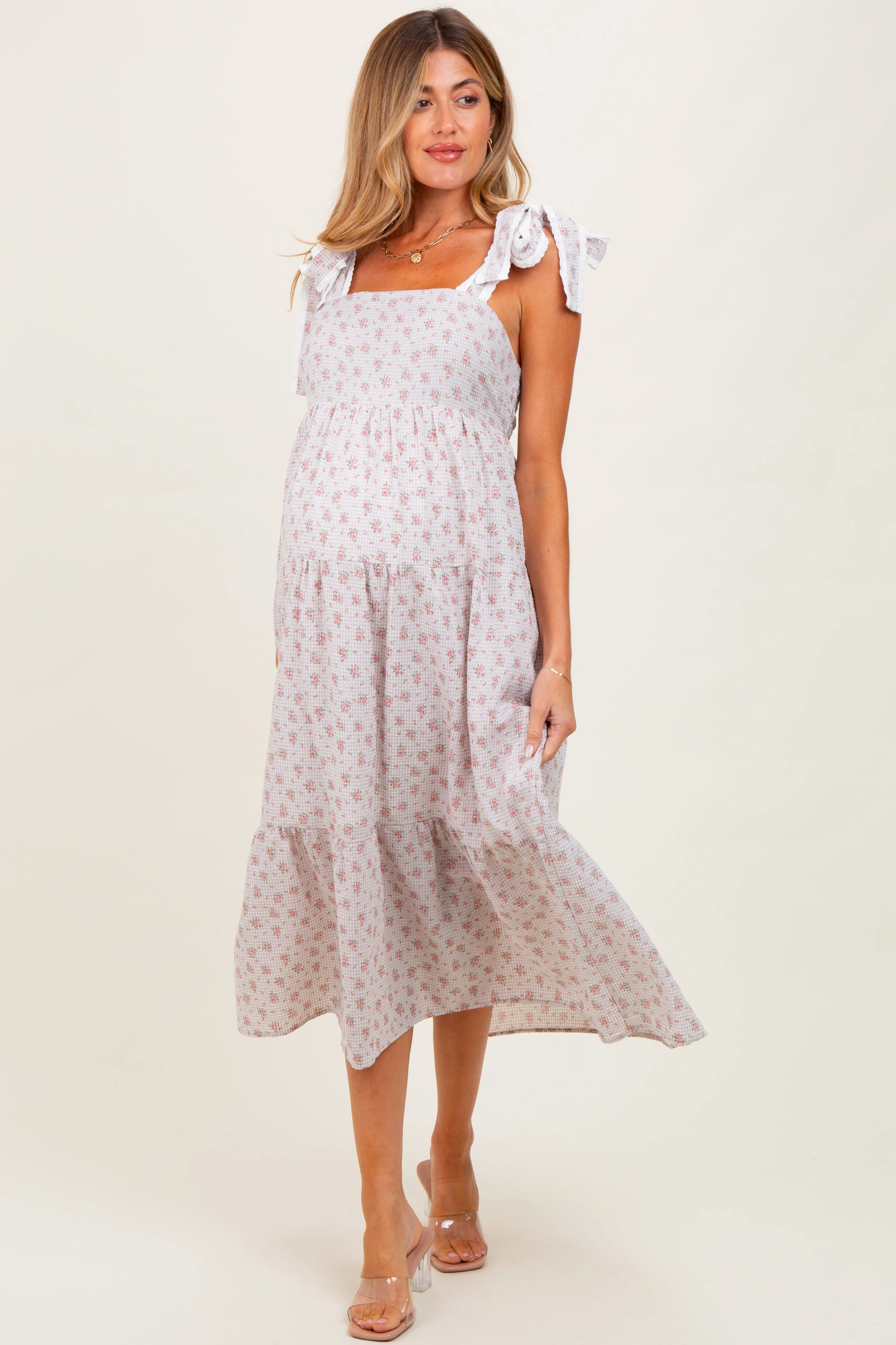 Light Taupe Floral Gingham Shoulder Tie Maternity Midi Dress sold by Pinkblush product image thumbnail 2