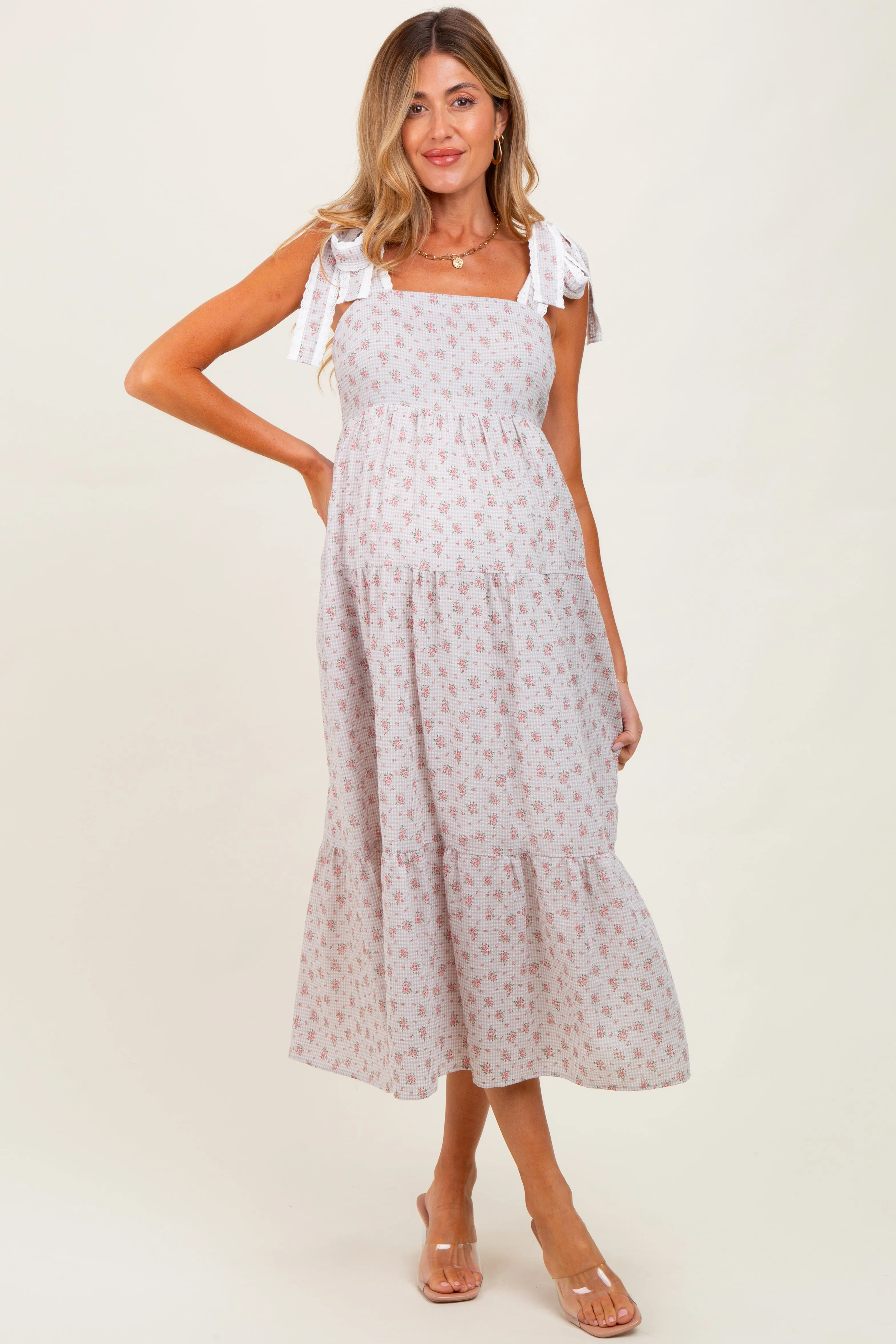 Light Taupe Floral Gingham Shoulder Tie Maternity Midi Dress sold by Pinkblush product image thumbnail 3