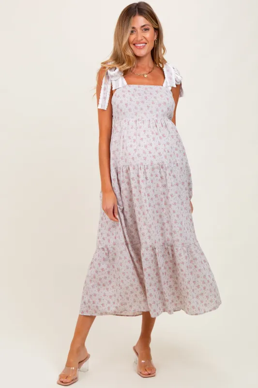 Light Taupe Floral Gingham Shoulder Tie Maternity Midi Dress sold by Pinkblush