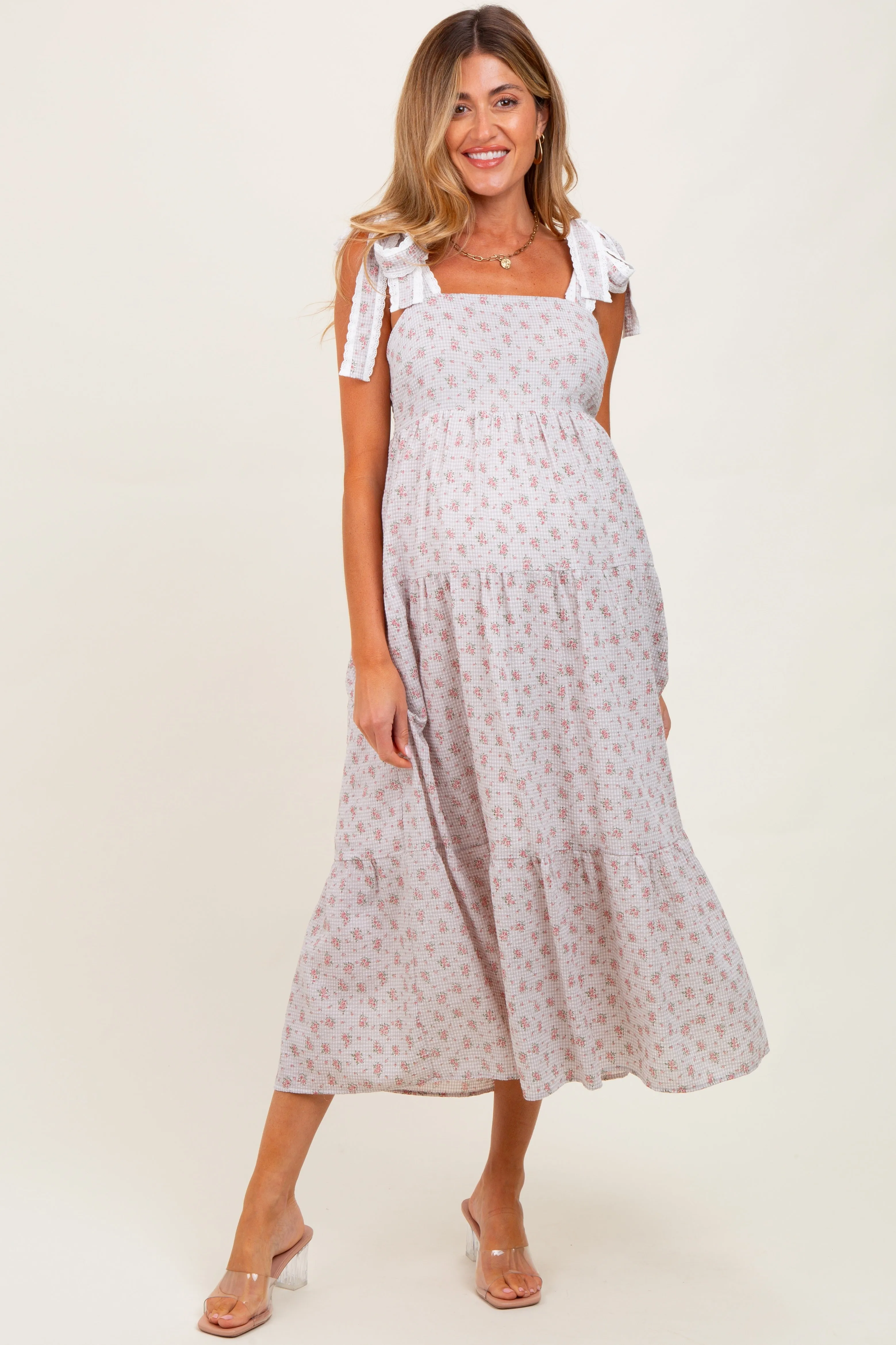 Light Taupe Floral Gingham Shoulder Tie Maternity Midi Dress sold by Pinkblush