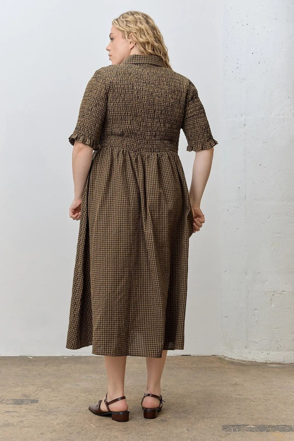 Brown Gingham Smocked Button Down Plus Midi Dress sold by Pinkblush product image thumbnail 3