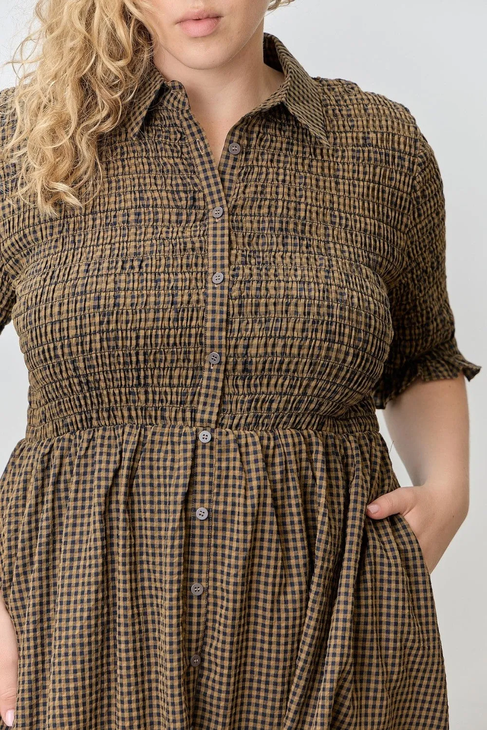 Brown Gingham Smocked Button Down Plus Midi Dress sold by Pinkblush product image thumbnail 4