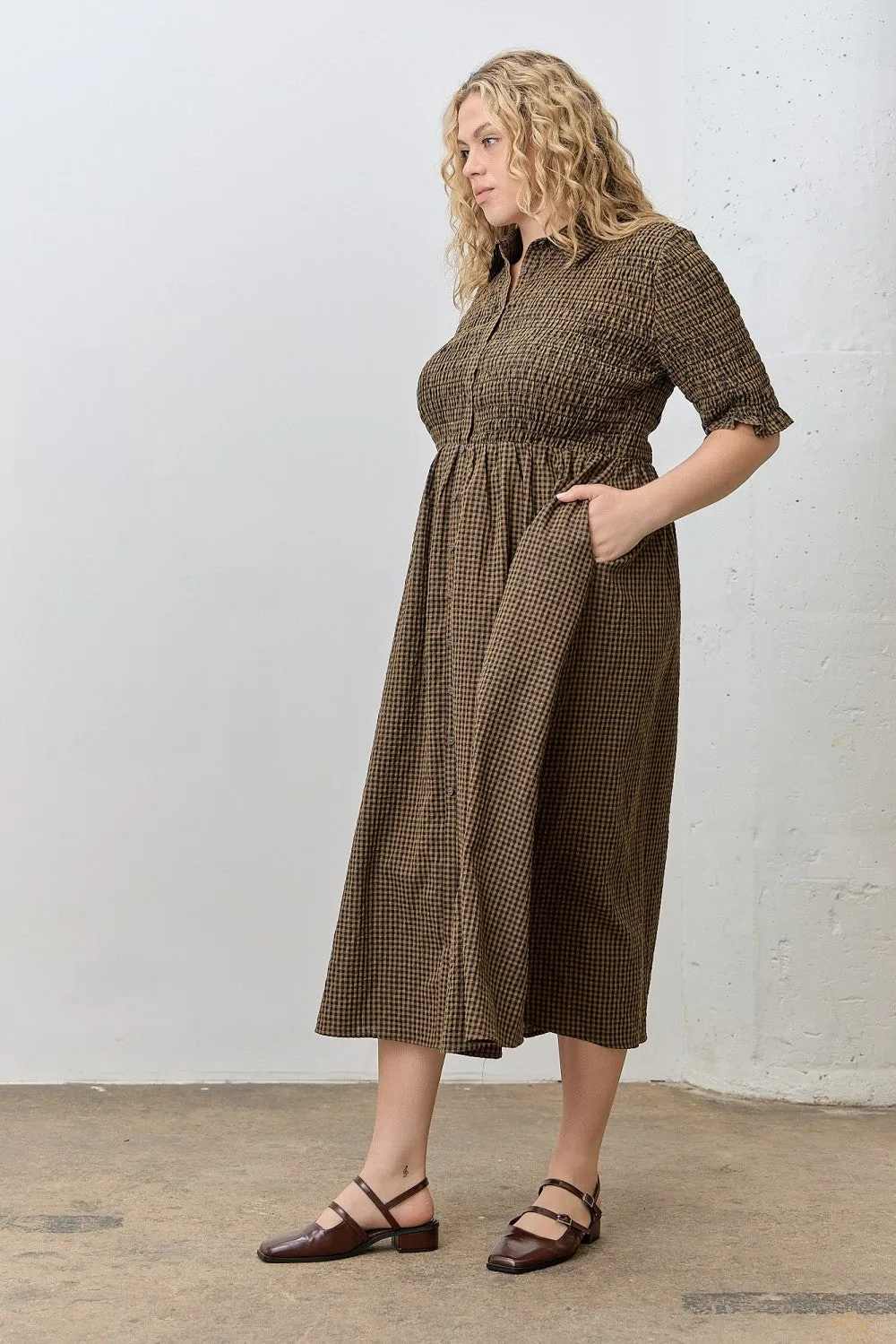 Brown Gingham Smocked Button Down Plus Midi Dress sold by Pinkblush product image thumbnail 2