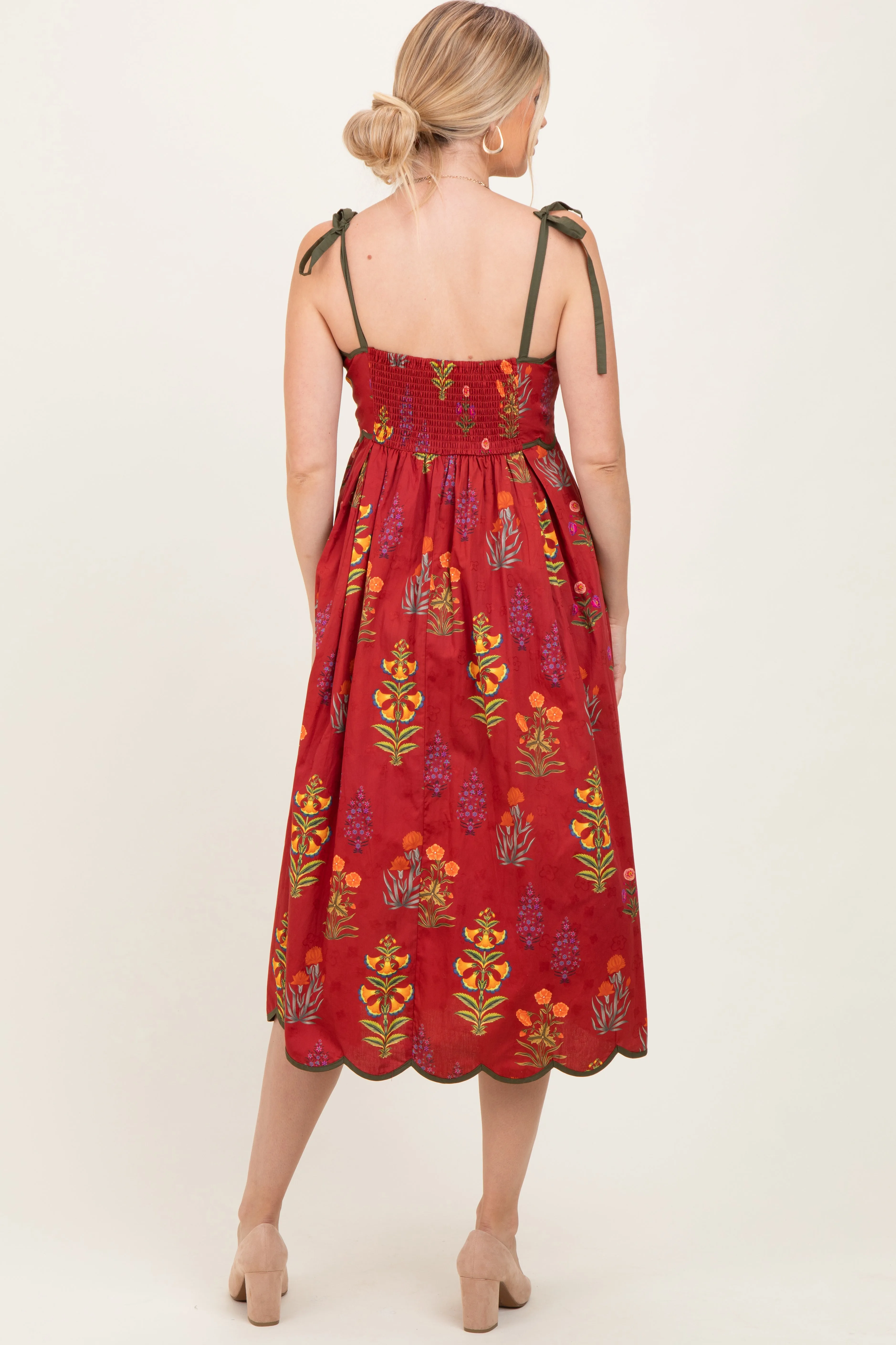 Rust Floral Scallop Edge Shoulder Tie Midi Dress sold by Pinkblush product image thumbnail 4