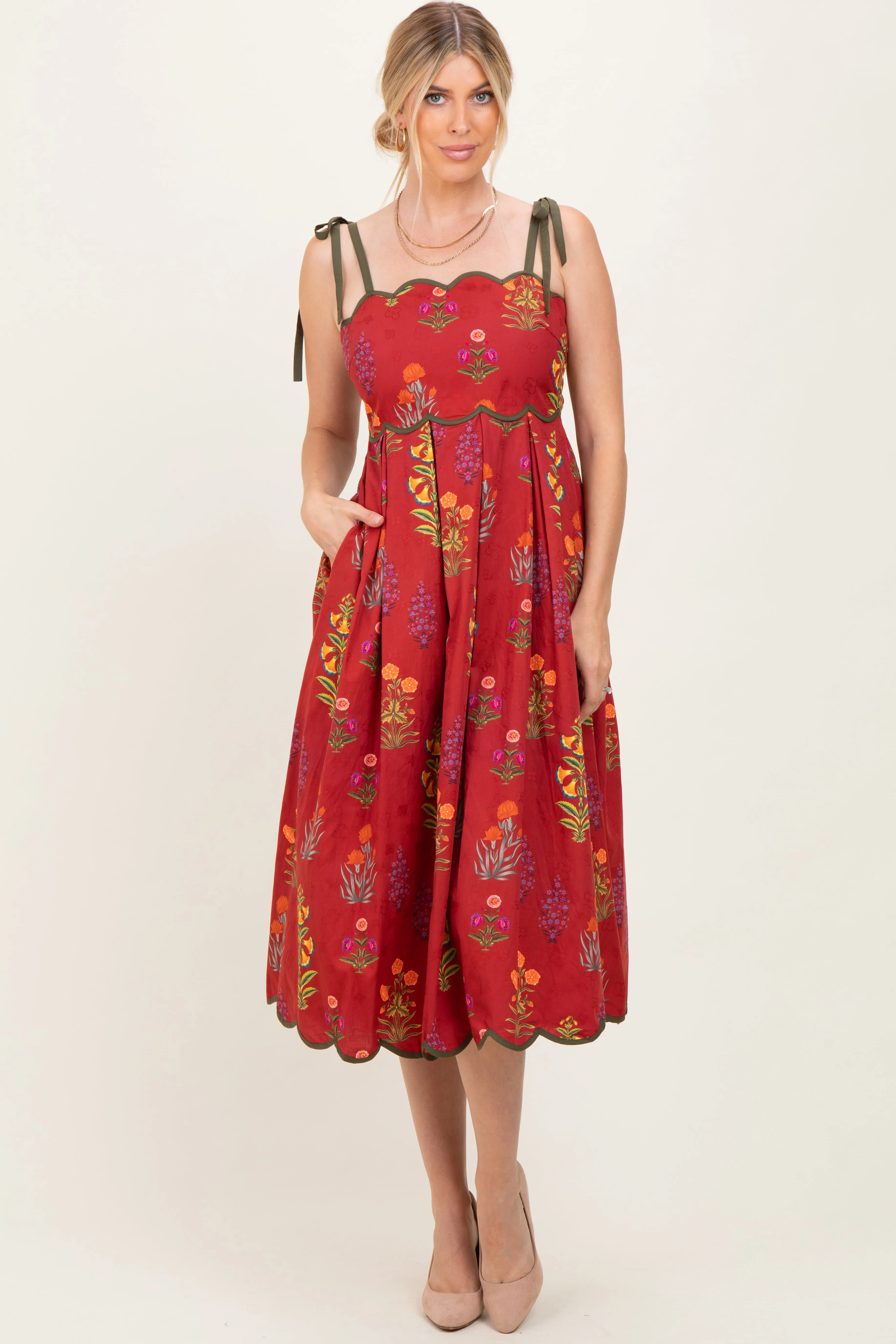 Rust Floral Scallop Edge Shoulder Tie Midi Dress sold by Pinkblush product image thumbnail 2